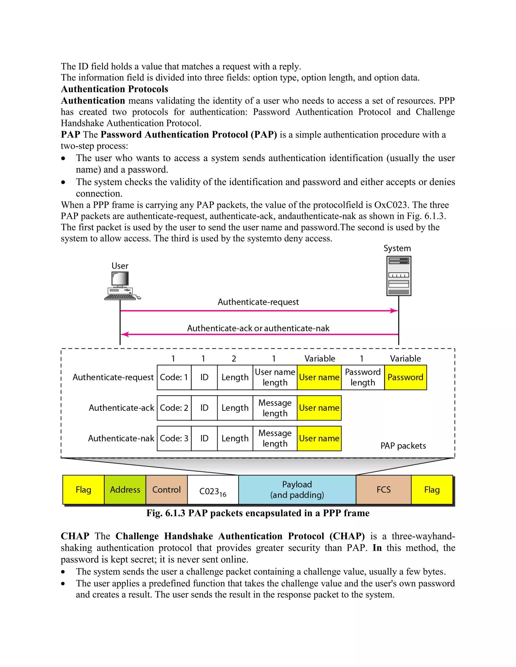 The ID field holds a value that matches a request with a reply.
The information field is divided into three fields: option type, option length, and option data.
Authentication Protocols
Authentication means validating the identity of a user who needs to access a set of resources. PPP
has created two protocols for authentication: Password Authentication Protocol and Challenge
Handshake Authentication Protocol.
PAP The Password Authentication Protocol (PAP) is a simple authentication procedure with a
two-step process:
The user who wants to access a system sends authentication identification (usually the user
name) and a password.
The system checks the validity of the identification and password and either accepts or denies
connection.
When a PPP frame is carrying any PAP packets, the value of the protocolfield is OxC023. The three
PAP packets are authenticate-request, authenticate-ack, andauthenticate-nak as shown in Fig. 6.1.3.
The first packet is used by the user to send the user name and password.The second is used by the
system to allow access. The third is used by the systemto deny access.
Fig. 6.1.3 PAP packets encapsulated in a PPP frame
CHAP The Challenge Handshake Authentication Protocol (CHAP) is a three-wayhand-
shaking authentication protocol that provides greater security than PAP. In this method, the
password is kept secret; it is never sent online.
The system sends the user a challenge packet containing a challenge value, usually a few bytes.
The user applies a predefined function that takes the challenge value and the user's own password
and creates a result. The user sends the result in the response packet to the system.
 