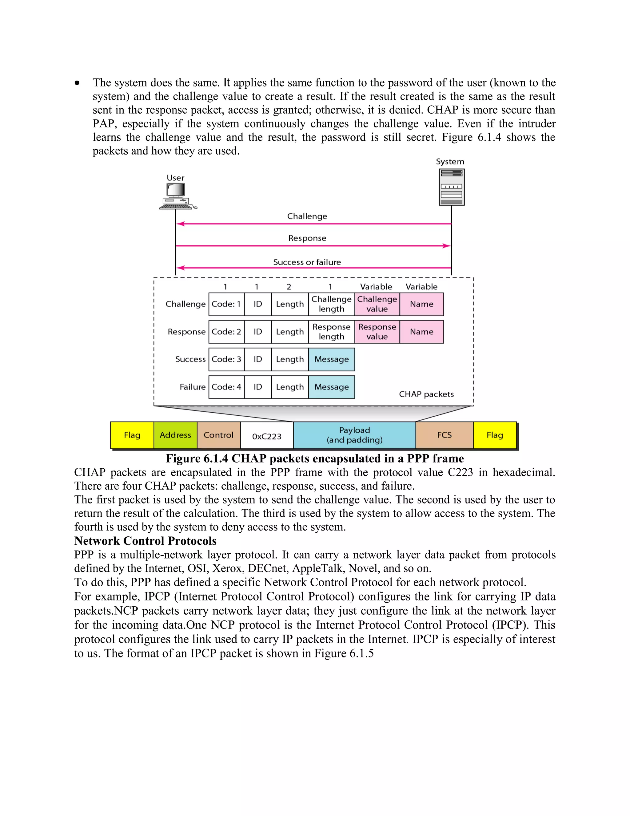 The system does the same. It applies the same function to the password of the user (known to the
system) and the challenge value to create a result. If the result created is the same as the result
sent in the response packet, access is granted; otherwise, it is denied. CHAP is more secure than
PAP, especially if the system continuously changes the challenge value. Even if the intruder
learns the challenge value and the result, the password is still secret. Figure 6.1.4 shows the
packets and how they are used.
Figure 6.1.4 CHAP packets encapsulated in a PPP frame
CHAP packets are encapsulated in the PPP frame with the protocol value C223 in hexadecimal.
There are four CHAP packets: challenge, response, success, and failure.
The first packet is used by the system to send the challenge value. The second is used by the user to
return the result of the calculation. The third is used by the system to allow access to the system. The
fourth is used by the system to deny access to the system.
Network Control Protocols
PPP is a multiple-network layer protocol. It can carry a network layer data packet from protocols
defined by the Internet, OSI, Xerox, DECnet, AppleTalk, Novel, and so on.
To do this, PPP has defined a specific Network Control Protocol for each network protocol.
For example, IPCP (Internet Protocol Control Protocol) configures the link for carrying IP data
packets.NCP packets carry network layer data; they just configure the link at the network layer
for the incoming data.One NCP protocol is the Internet Protocol Control Protocol (IPCP). This
protocol configures the link used to carry IP packets in the Internet. IPCP is especially of interest
to us. The format of an IPCP packet is shown in Figure 6.1.5
 