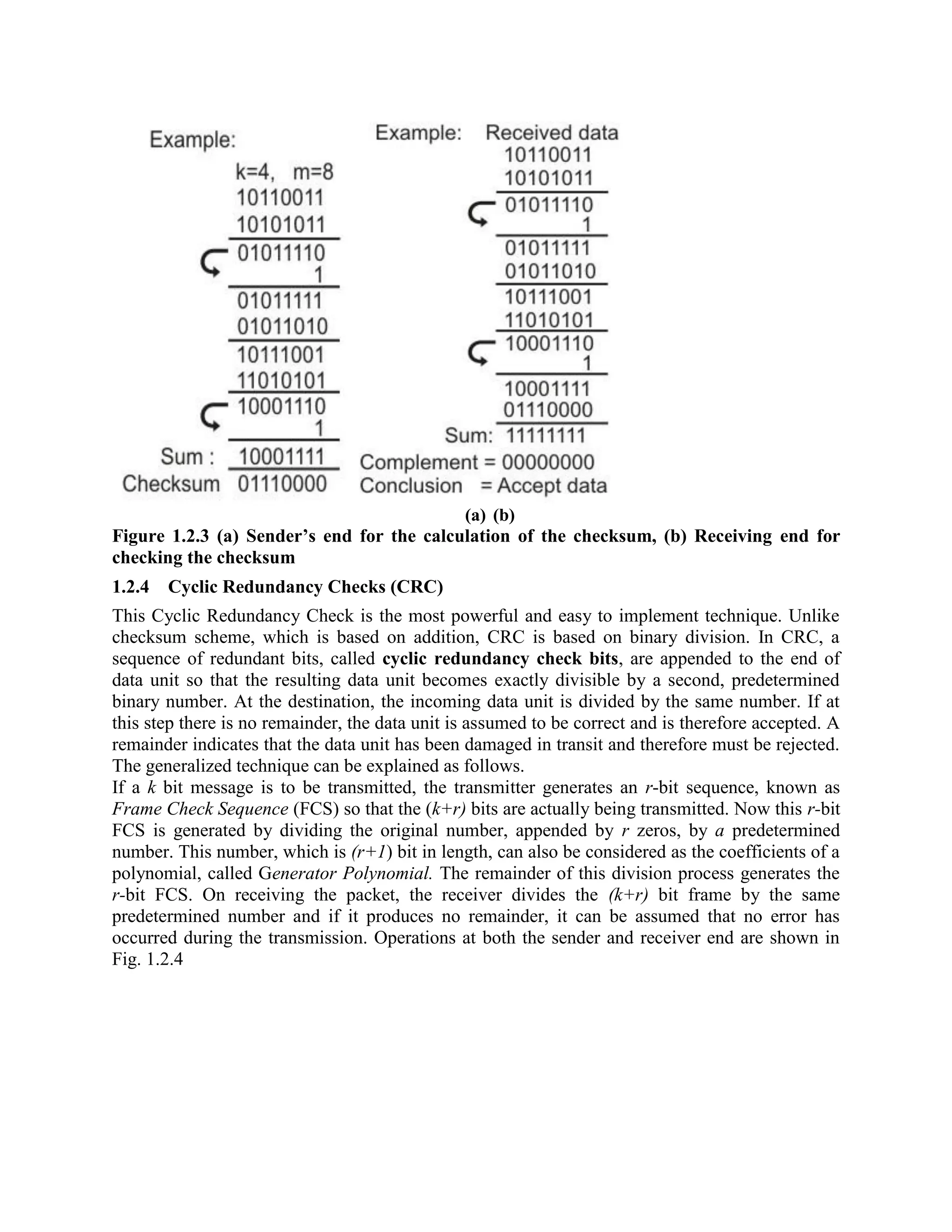(a) (b)
Figure 1.2.3 (a) Sender’s end for the calculation of the checksum, (b) Receiving end for
checking the checksum
1.2.4 Cyclic Redundancy Checks (CRC)
This Cyclic Redundancy Check is the most powerful and easy to implement technique. Unlike
checksum scheme, which is based on addition, CRC is based on binary division. In CRC, a
sequence of redundant bits, called cyclic redundancy check bits, are appended to the end of
data unit so that the resulting data unit becomes exactly divisible by a second, predetermined
binary number. At the destination, the incoming data unit is divided by the same number. If at
this step there is no remainder, the data unit is assumed to be correct and is therefore accepted. A
remainder indicates that the data unit has been damaged in transit and therefore must be rejected.
The generalized technique can be explained as follows.
If a k bit message is to be transmitted, the transmitter generates an r-bit sequence, known as
Frame Check Sequence (FCS) so that the (k+r) bits are actually being transmitted. Now this r-bit
FCS is generated by dividing the original number, appended by r zeros, by a predetermined
number. This number, which is (r+1) bit in length, can also be considered as the coefficients of a
polynomial, called Generator Polynomial. The remainder of this division process generates the
r-bit FCS. On receiving the packet, the receiver divides the (k+r) bit frame by the same
predetermined number and if it produces no remainder, it can be assumed that no error has
occurred during the transmission. Operations at both the sender and receiver end are shown in
Fig. 1.2.4
 