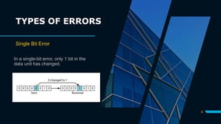 4
In a single-bit error, only 1 bit in the
data unit has changed.
TYPES OF ERRORS
Single Bit Error
 