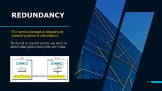 6
To detect or correct errors, we need to
send extra (redundant) bits with data.
REDUNDANCY
The central concept in detecting or
correcting errors is redundancy.
 