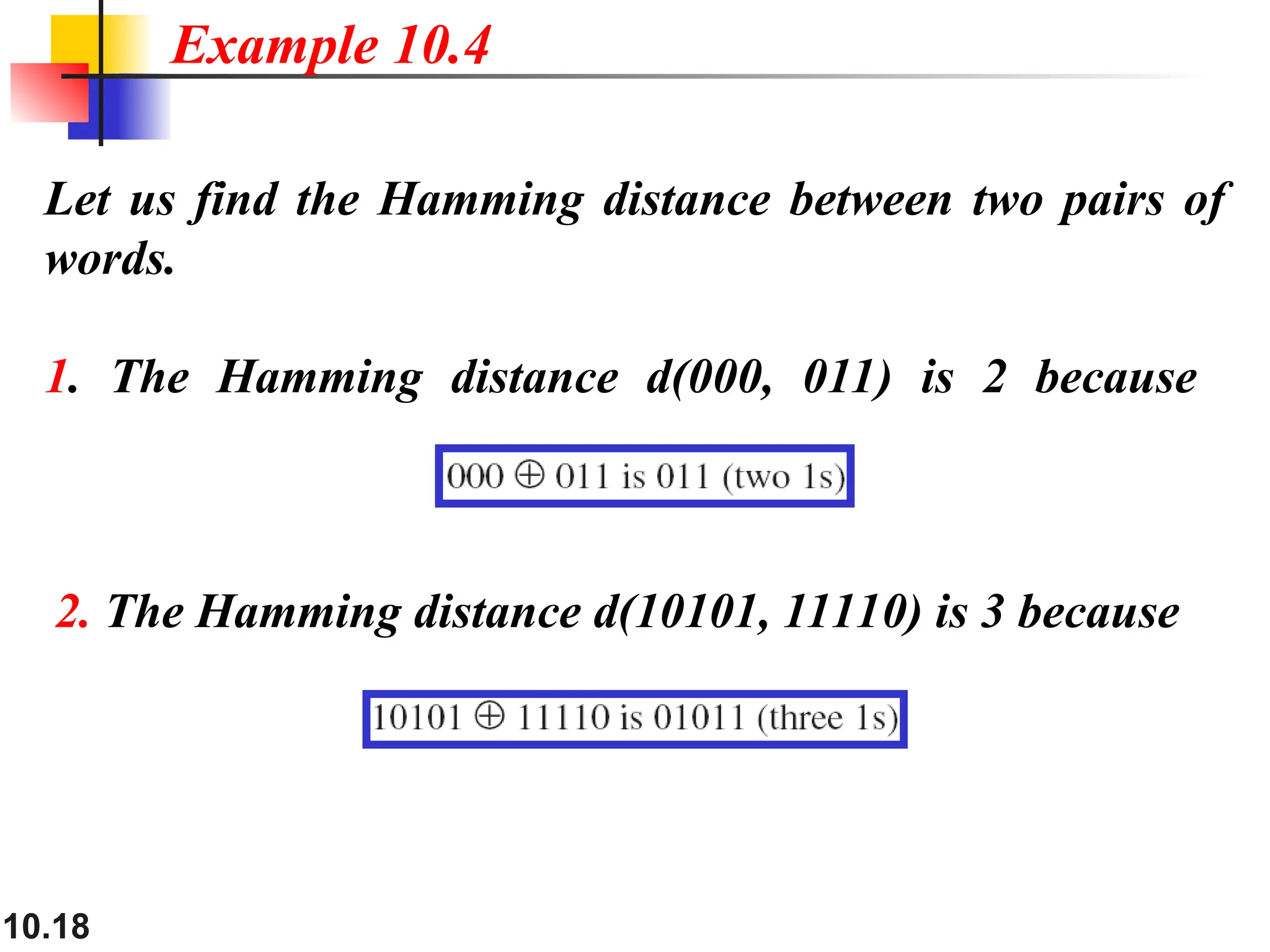 10.18 Let us find the Hamming distance between two pairs of words. 1. The Hamming distance d(000, 011) is 2 because Example 10.4 2. The Hamming distance d(10101, 11110) is 3 because 