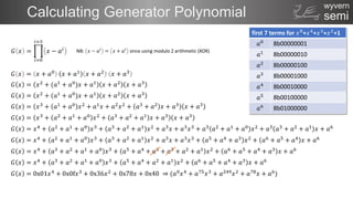 semi
wyvern
Calculating Generator Polynomial
𝐺 𝑥 =
𝑖=0
𝑖=3
𝑥 − 𝑎𝑖
𝐺 𝑥 = 𝑥 + 𝑎0 𝑥 + 𝑎1 𝑥 + 𝑎2 𝑥 + 𝑎3
𝐺 𝑥 = 𝑥2 + (𝑎1 + 𝑎0)𝑥 + 𝑎1 𝑥 + 𝑎2 𝑥 + 𝑎3
𝐺 𝑥 = 𝑥2
+ (𝑎1
+ 𝑎0
)𝑥 + 𝑎1
𝑥 + 𝑎2
𝑥 + 𝑎3
𝐺 𝑥 = 𝑥3
+ 𝑎1
+ 𝑎0
𝑥2
+ 𝑎1
𝑥 + 𝑎2
𝑥2
+ 𝑎3
+ 𝑎2
𝑥 + 𝑎3
𝑥 + 𝑎3
𝐺 𝑥 = 𝑥3 + 𝑎2 + 𝑎1 + 𝑎0 𝑥2 + 𝑎3 + 𝑎2 + 𝑎1 𝑥 + 𝑎3 𝑥 + 𝑎3
𝐺 𝑥 = 𝑥4 + 𝑎2 + 𝑎1 + 𝑎0 𝑥3 + 𝑎3 + 𝑎2 + 𝑎1 𝑥2 + 𝑎3𝑥 + 𝑎3𝑥3 + 𝑎3 𝑎2 + 𝑎1 + 𝑎0 𝑥2 + 𝑎3 𝑎3 + 𝑎2 + 𝑎1 𝑥 + 𝑎6
𝐺 𝑥 = 𝑥4
+ 𝑎2
+ 𝑎1
+ 𝑎0
𝑥3
+ 𝑎3
+ 𝑎2
+ 𝑎1
𝑥2
+ 𝑎3
𝑥 + 𝑎3
𝑥3
+ 𝑎5
+ 𝑎4
+ 𝑎3
𝑥2
+ 𝑎6
+ 𝑎5
+ 𝑎4
𝑥 + 𝑎6
𝐺 𝑥 = 𝑥4 + 𝑎3 + 𝑎2 + 𝑎1 + 𝑎0 𝑥3 + 𝑎5 + 𝑎4 + 𝑎3 + 𝑎3 + 𝑎2 + 𝑎1 𝑥2 + 𝑎6 + 𝑎5 + 𝑎4 + 𝑎3 𝑥 + 𝑎6
first 7 terms for 𝑥8
+𝑥4
+𝑥3
+𝑥2
+1
𝑎0 8b00000001
𝑎1 8b00000010
𝑎2 8b00000100
𝑎3 8b00001000
𝑎4 8b00010000
𝑎5 8b00100000
𝑎6 8b01000000
𝐺 𝑥 = 0x01𝑥4
+ 0x0f𝑥3
+ 0x36𝑥2
+ 0x78𝑥 + 0x40 ⇒ (𝑎0
𝑥4
+ 𝑎75
𝑥3
+ 𝑎249
𝑥2
+ 𝑎78
𝑥 + 𝑎6
)
𝐺 𝑥 = 𝑥4
+ 𝑎3
+ 𝑎2
+ 𝑎1
+ 𝑎0
𝑥3
+ 𝑎5
+ 𝑎4
+ 𝑎2
+ 𝑎1
𝑥2
+ 𝑎6
+ 𝑎5
+ 𝑎4
+ 𝑎3
𝑥 + 𝑎6
NB: 𝑥 − 𝑎𝑖
= 𝑥 + 𝑎𝑖
since using modulo 2 arithmetic (XOR)
 
