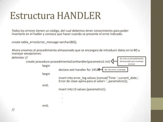 Estructura HANDLER
Todos los errores tienen un código, del cual debemos tener conocimiento para poder
insertarlo en el hadler y conozca que hacer cuando se presente el error indicado.

create tabla_error(error_message varchar(80));

Ahora creamos el procedimiento almacenado que se encargara de introducir datos en la BD y
manejar excepciones:
delimiter //                                                                        Se crea un procedimiento
           create procedure procedimientoConHandler(parametro1 int)                 almacenado para manejar
                                                                                             el error
                      begin
                                 declare exit handler for 1452      No. De error a manejar

                      begin
                                 insert into error_log values (concat('Time: ',current_date,'.
                                 Error de clave ajena para el valor= ', parametro1));
                      end;
                                 insert into t3 values (parametro1);
                                   .
                                   .
                                   .
                      end;
//
 