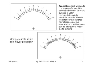UNCP -FIEE 11
Ing. ABEL C. CATAY BUITRON
Precisión estará vinculada
con la pequeña amplitud
del intervalo de in certezas,
aunque el valor
representativo de la
medición no coincida con
los estándares o valores
homologados por los
laboratorios o instituciones
que se dediquen a medir
cierto sistema
¿En qué escala se lee
con mayor precisión?
 