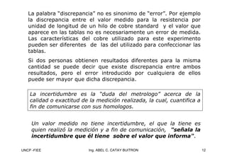 UNCP -FIEE 12
Ing. ABEL C. CATAY BUITRON
La palabra “discrepancia” no es sinonimo de “error”. Por ejemplo
la discrepancia entre el valor medido para la resistencia por
unidad de longitud de un hilo de cobre standard y el valor que
aparece en las tablas no es necesariamente un error de medida.
Las características del cobre utilizado para este experimento
pueden ser diferentes de las del utilizado para confeccionar las
tablas.
Si dos personas obtienen resultados diferentes para la misma
cantidad se puede decir que existe discrepancia entre ambos
resultados, pero el error introducido por cualquiera de ellos
puede ser mayor que dicha discrepancia.
Un valor medido no tiene incertidumbre, el que la tiene es
Un valor medido no tiene incertidumbre, el que la tiene es
quien realizó la medición y a fin de comunicación,
quien realizó la medición y a fin de comunicación, "señala la
"señala la
incertidumbre que él tiene sobre el valor que informa"
incertidumbre que él tiene sobre el valor que informa".
.
La incertidumbre es la “duda del metrologo” acerca de la
La incertidumbre es la “duda del metrologo” acerca de la
calidad o exactitud de la medición realizada, la cual, cuantific
calidad o exactitud de la medición realizada, la cual, cuantifica a
a a
fin de comunicarse con sus homologos.
fin de comunicarse con sus homologos.
 