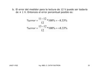 UNCP -FIEE 25
Ing. ABEL C. CATAY BUITRON
b. El error del medidor para la lectura de 12 V puede ser todavía
de ± 1 V. Entonces el error porcentual posible es:
%
33
.
8
%
100
*
12
12
13
%
%
33
.
8
%
100
*
12
12
11
%
+
=
−
=
−
=
−
=
error
error
 
