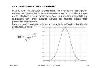 UNCP -FIEE 36
Ing. ABEL C. CATAY BUITRON
LA CURVA GAUSSIANA DE ERROR
LA CURVA GAUSSIANA DE ERROR
Esta función distribución-probabilidad, da una buena descripción
de muchos resultados que se encuentran en la naturaleza y que
están afectados de errores extraños. Las medidas repetidas y
realizadas con gran cuidado siguen en muchos casos esta
particular distribución.
Para un punto cualquiera de esta curva, la función distribución de
probabilidad será:
 