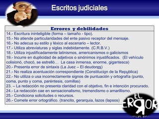 COZUCUID -  LUZ Errores  y debilidades 14.- Escritura ininteligible (forma – tamaño - tipo). 15.- No atiende particularidades del ente pasivo receptor del mensaje.  16.- No adecua su estilo y léxico al escenario – lector.  17.- Utiliza abreviaturas y siglas indebidamente. (C.R.B.V.) 18.- Utiliza injustificadamente latinismos, americanismos o galicismos 19.- Incurre en duplicidad de adjetivos o sinónimos injustificados.  (El vehículo colisionó, chocó, se estrelló…  La casa inmensa, enorme, gigantesca)  20.- Presenta error de sintaxis (La Juez – El deudor es ) 21.- No realiza acentuación correspondiente (Constituci o n de la Rep u blica)  22.- No utiliza o usa incorrectamente signos de puntuación y ortografía (punto, coma, punto y coma, paréntesis, comillas)  23. – La redacción no presenta claridad con el objetivo, fin e intención procurado. 24.- La redacción cae en sensacionalismo, tremendismo o amarillismo. 25.- Condiciona solicitudes o recursos.  26.- Comete error ortográfico. (trancito, gerarquia, lazos (lapsos)  