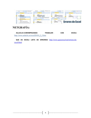 NETGRAFÍA:
AULACLIC.COM/EMPEZANDO

TRABAJAR

CON

EXCEL/

http://www.aulaclic.es/excel2010/t_2_3.htm
QUE ES EXCEL/ LISTA DE ERRORES/

excel.html

4

http://www.queesexcel.net/errores-de-

 