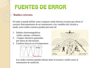 El ruido se puede definir como cualquier señal eléctrica externa que afecte el
correcto funcionamiento de un instrumento o las variables del circuito a
medir, estos ruidos externos pueden provenir de:
1. Señales electromagnéticas
(radio, antenas, celulares).
2. Campos eléctricos generados
por líneas de alta tensión.
3. Cambios bruscos en al temperatura.
Los ruidos externos pueden afectar tanto al circuito a medir como al
instrumento de medición.
Ruidos externos
 