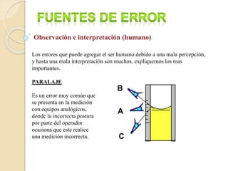 Los errores que puede agregar el ser humano debido a una mala percepción,
y hasta una mala interpretación son muchos, expliquemos los mas
importantes.
PARALAJE
Es un error muy común que
se presenta en la medición
con equipos analógicos,
donde la incorrecta postura
por parte del operador
ocasiona que este realice
una medición incorrecta.
Observación e interpretación (humano)
 