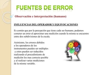 INFLUENCIAS DEL OPERADOR Y EQUIVOCACIONES
Es común que por la percepción que tiene cada ser humano, podamos
cometer un error al aproximar una medición cuando la misma se encuentre
entre dos subdivisiones de la escala.
Asimismo, los errores debidos
a los operadores de los
instrumentos pueden ser múltiples
y estos pueden ser reducidos
realizando el procedimiento de
medición los mas correcto posible
y al realizar varias mediciones
de la misma variable.
Observación e interpretación (humano)
 