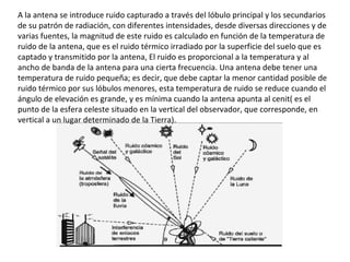A la antena se introduce ruido capturado a través del lóbulo principal y los secundarios
de su patrón de radiación, con diferentes intensidades, desde diversas direcciones y de
varias fuentes, la magnitud de este ruido es calculado en función de la temperatura de
ruido de la antena, que es el ruido térmico irradiado por la superficie del suelo que es
captado y transmitido por la antena, El ruido es proporcional a la temperatura y al
ancho de banda de la antena para una cierta frecuencia. Una antena debe tener una
temperatura de ruido pequeña; es decir, que debe captar la menor cantidad posible de
ruido térmico por sus lóbulos menores, esta temperatura de ruido se reduce cuando el
ángulo de elevación es grande, y es mínima cuando la antena apunta al cenit( es el
punto de la esfera celeste situado en la vertical del observador, que corresponde, en
vertical a un lugar determinado de la Tierra).
 