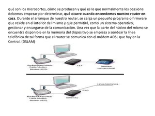 qué son los microcortes, cómo se producen y qué es lo que normalmente los ocasiona
debemos empezar por determinar, qué ocurre cuando encendemos nuestro router en
casa. Durante el arranque de nuestro router, se carga un pequeño programa o firmware
que reside en el interior del mismo y que permitirá, como un sistema operativo,
gestionar y encargarse de la comunicación. Una vez que la parte del núcleo del mismo se
encuentra disponible en la memoria del dispositivo se empieza a sondear la línea
telefónica de tal forma que el router se comunica con el módem ADSL que hay en la
Central. (DSLAM)
 
