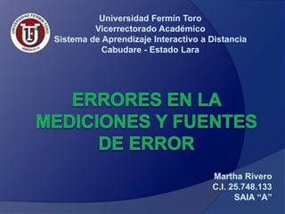 Universidad Fermín Toro
Vicerrectorado Académico
Sistema de Aprendizaje Interactivo a Distancia
Cabudare - Estado Lara
Martha Rivero
C.I. 25.748.133
SAIA “A”
 