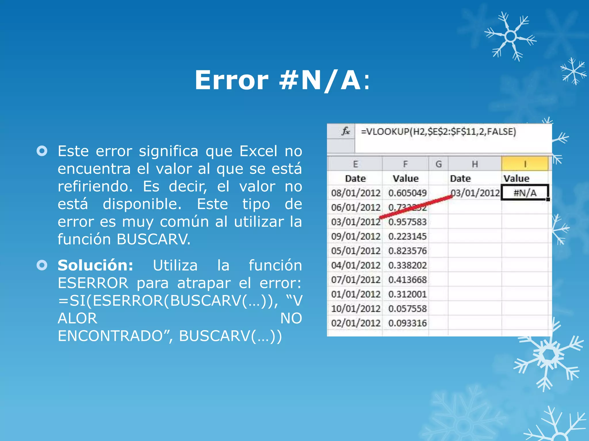 Error #N/A:
 Este error significa que Excel no
encuentra el valor al que se está
refiriendo. Es decir, el valor no
está disponible. Este tipo de
error es muy común al utilizar la
función BUSCARV.
 Solución: Utiliza la función
ESERROR para atrapar el error:
=SI(ESERROR(BUSCARV(…)), “V
ALOR
NO
ENCONTRADO”, BUSCARV(…))

 