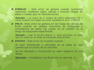  #¡NULO! – Este error se genera cuando queremos
relacionar mediante algún cálculo o función rangos de
datos o celdas que no interseccionan.
Ejemplo – La suma de 2 rangos de datos separados, tal y
como muestra la imagen da como resultado el error #¡NULO!

 #N/A –Este error se genera en las hojas de cálculo de
Excel cuando se utilizan funciones de búsqueda o
coincidencia de datos los cuales no se existen en el
rango de búsqueda especificado.
Ejemplo – usar la función Buscar V para encontrar un valor
que no existe en el rango de búsqueda especificado.

 ##### - Este error se muestra cuando :
El valor introducido o calculado en la celda es más
grande que el ancho de la columna
Se ha calculado o introducido un valor negativo de una
fecha.
Ejemplo – multiplicar una fecha por el valor de -2.

 