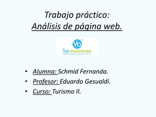 Trabajo práctico: 
Análisis de página web. 
• Alumna: Schmid Fernanda. 
• Profesor: Eduardo Gesualdi. 
• Curso: Turismo II. 
 