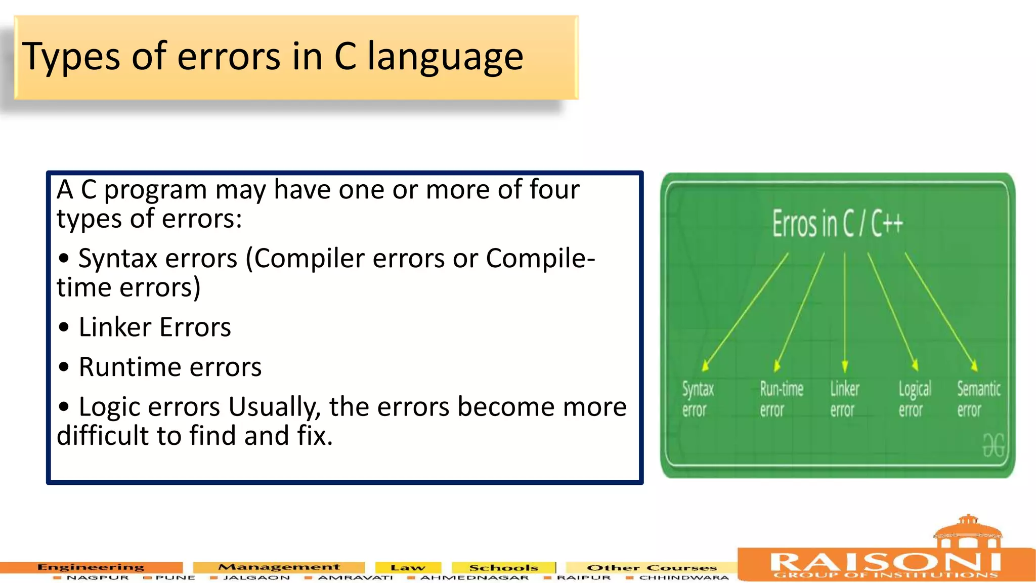 Types of errors in C language A C program may have one or more of four types of errors: • Syntax errors (Compiler errors or Compile- time errors) • Linker Errors • Runtime errors • Logic errors Usually, the errors become more difficult to find and fix. 8 