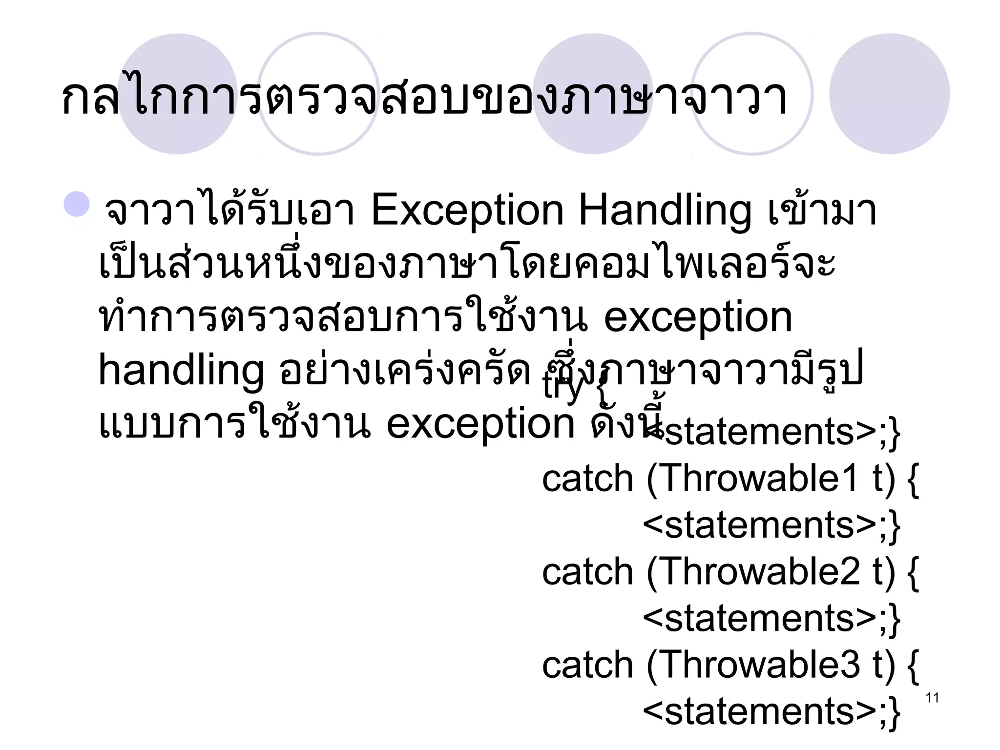 กลไกการตรวจสอบของภาษาจาวา
จาวาได้รับเอา Exception Handling เข้ามา
เป็นส่วนหนึ่งของภาษาโดยคอมไพเลอร์จะ
ทำาการตรวจสอบการใช้งาน exception
handling อย่างเคร่งครัด try่ง{
ซึ ภาษาจาวามีรูป
แบบการใช้งาน exception ดังนี้
<statements>;}
catch (Throwable1 t) {
<statements>;}
catch (Throwable2 t) {
<statements>;}
catch (Throwable3 t) {
<statements>;}

11

 