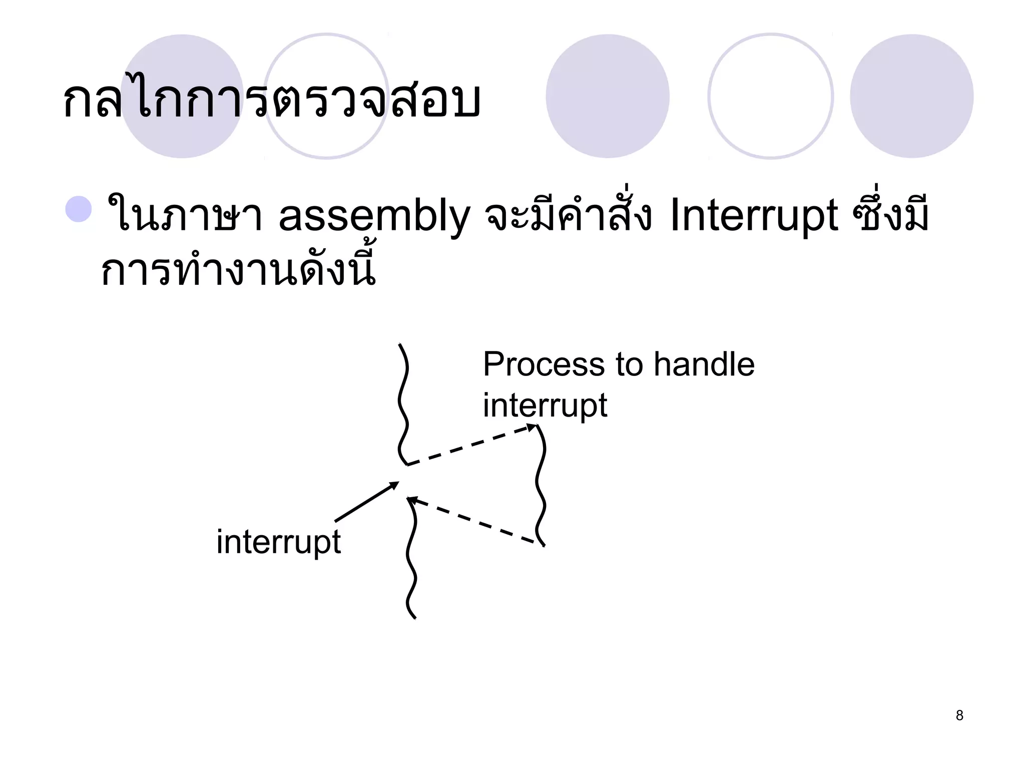 กลไกการตรวจสอบ
ในภาษา assembly จะมีคำาสั่ง Interrupt ซึ่งมี
การทำางานดังนี้
Process to handle
interrupt

interrupt

8

 
