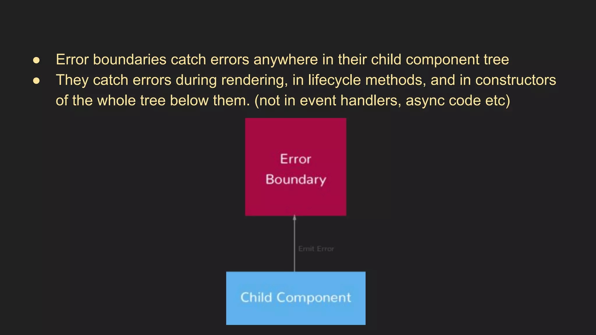 ● Error boundaries catch errors anywhere in their child component tree
● They catch errors during rendering, in lifecycle methods, and in constructors
of the whole tree below them. (not in event handlers, async code etc)
 