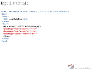 InputData.html :
<!DOCTYPE HTML PUBLIC "-//W3C//DTD HTML 4.01 Transitional//EN">
<html>
 <head>
  <title>InputData.html</title>
 </head>
 <body>
  <form action="../JSPFILE/Calculator.jsp">
  <input type="text" name="n1"> <br>
  <input type="text" name="n2"> <br>
  <input type="submit" value="ADD">
  </form>
 </body>
</html>




                                                                  http://www.java2all.com
 