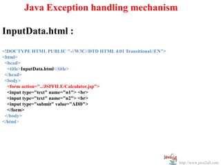 Java Exception handling mechanism

InputData.html :
<!DOCTYPE HTML PUBLIC "-//W3C//DTD HTML 4.01 Transitional//EN">
<html>
 <head>
  <title>InputData.html</title>
 </head>
 <body>
  <form action="../JSPFILE/Calculator.jsp">
  <input type="text" name="n1"> <br>
  <input type="text" name="n2"> <br>
  <input type="submit" value="ADD">
  </form>
 </body>
</html>




                                                                  http://www.java2all.com
 