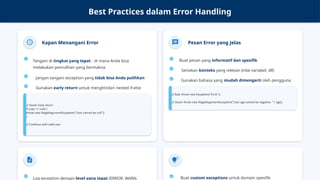 Best Practices dalam Error Handling
Kapan Menangani Error
Tangani di tingkat yang tepat - di mana Anda bisa
melakukan pemulihan yang bermakna
Jangan tangani exception yang tidak bisa Anda pulihkan
Gunakan early return untuk menghindari nested if-else
// Good: Early return
if (user == null) {
throw new IllegalArgumentException("User cannot be null");
}
// Continue with valid user
Pesan Error yang Jelas
Buat pesan yang informatif dan spesifik
Sertakan konteks yang relevan (nilai variabel, dll)
Gunakan bahasa yang mudah dimengerti oleh pengguna
// Bad: throw new Exception("Error");
// Good: throw new IllegalArgumentException("User age cannot be negative: " + age);
Log exception dengan level yang tepat (ERROR, WARN, Buat custom exceptions untuk domain spesifik
 