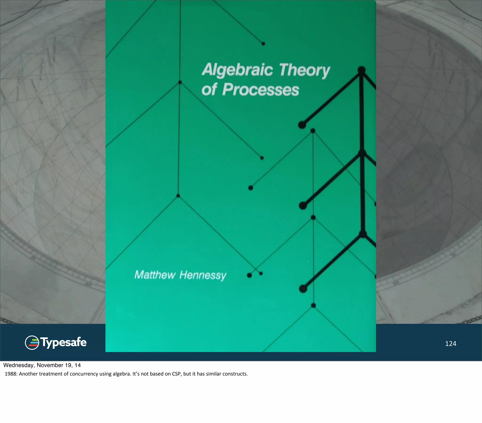 ©Typesafe 2014 – All Rights Reserved 124 
Wednesday, November 19, 14 
1988: 
Another 
treatment 
of 
concurrency 
using 
algebra. 
It’s 
not 
based 
on 
CSP, 
but 
it 
has 
similar 
constructs. 
 