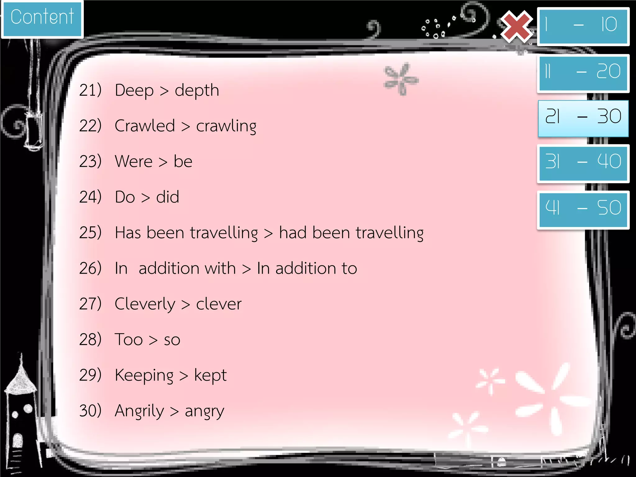 21) 
Deep > depth 
22) 
Crawled > crawling 
23) 
Were > be 
24) 
Do > did 
25) 
Has been travelling > had been travelling 
26) 
In addition with > In addition to 
27) 
Cleverly > clever 
28) 
Too > so 
29) 
Keeping > kept 
30) 
Angrily > angry 
1 - 10 
11 - 20 
21 - 30 
31 - 40 
41 - 50 
Content  