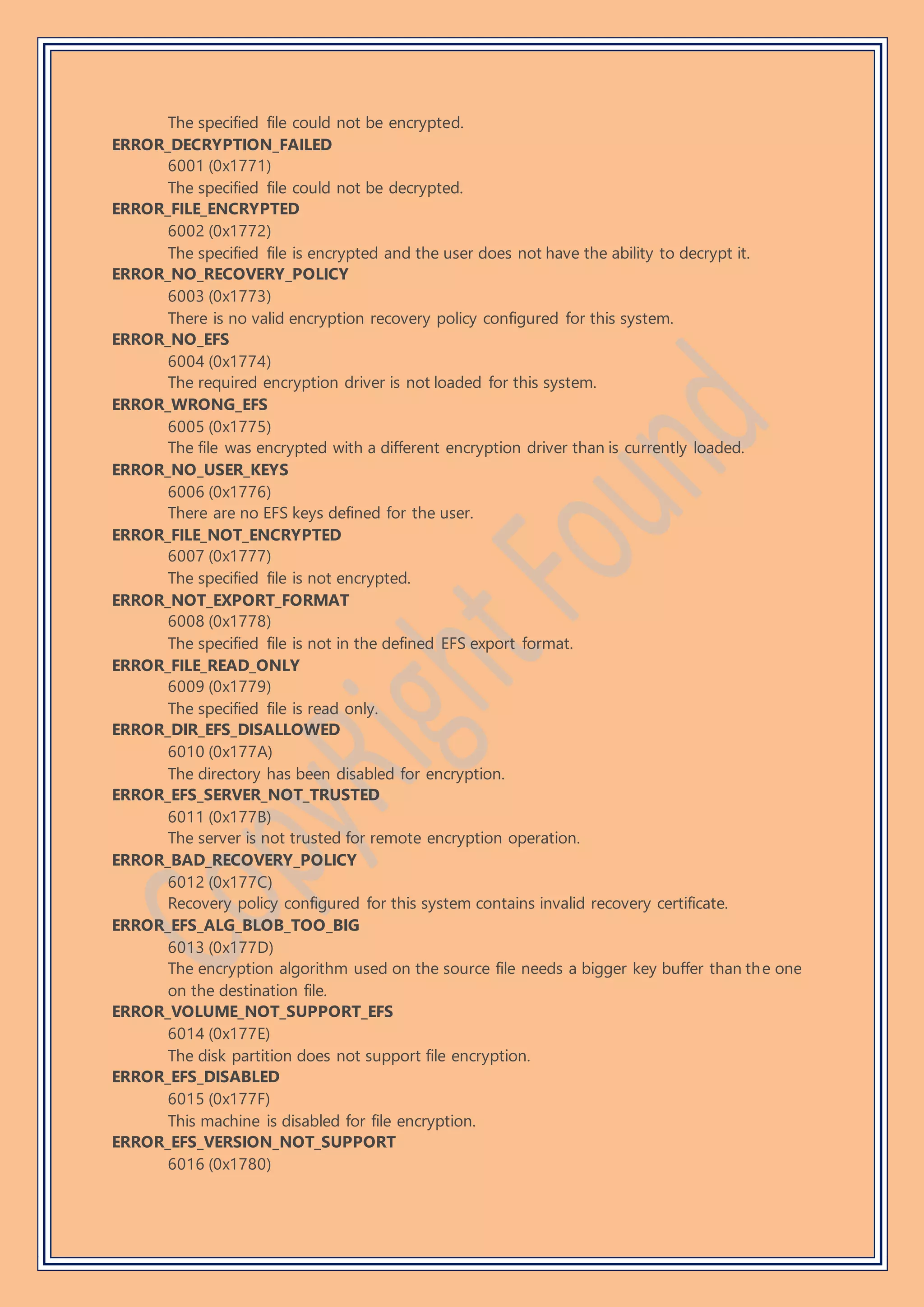 The specified file could not be encrypted.
ERROR_DECRYPTION_FAILED
6001 (0x1771)
The specified file could not be decrypted.
ERROR_FILE_ENCRYPTED
6002 (0x1772)
The specified file is encrypted and the user does not have the ability to decrypt it.
ERROR_NO_RECOVERY_POLICY
6003 (0x1773)
There is no valid encryption recovery policy configured for this system.
ERROR_NO_EFS
6004 (0x1774)
The required encryption driver is not loaded for this system.
ERROR_WRONG_EFS
6005 (0x1775)
The file was encrypted with a different encryption driver than is currently loaded.
ERROR_NO_USER_KEYS
6006 (0x1776)
There are no EFS keys defined for the user.
ERROR_FILE_NOT_ENCRYPTED
6007 (0x1777)
The specified file is not encrypted.
ERROR_NOT_EXPORT_FORMAT
6008 (0x1778)
The specified file is not in the defined EFS export format.
ERROR_FILE_READ_ONLY
6009 (0x1779)
The specified file is read only.
ERROR_DIR_EFS_DISALLOWED
6010 (0x177A)
The directory has been disabled for encryption.
ERROR_EFS_SERVER_NOT_TRUSTED
6011 (0x177B)
The server is not trusted for remote encryption operation.
ERROR_BAD_RECOVERY_POLICY
6012 (0x177C)
Recovery policy configured for this system contains invalid recovery certificate.
ERROR_EFS_ALG_BLOB_TOO_BIG
6013 (0x177D)
The encryption algorithm used on the source file needs a bigger key buffer than the one
on the destination file.
ERROR_VOLUME_NOT_SUPPORT_EFS
6014 (0x177E)
The disk partition does not support file encryption.
ERROR_EFS_DISABLED
6015 (0x177F)
This machine is disabled for file encryption.
ERROR_EFS_VERSION_NOT_SUPPORT
6016 (0x1780)
 