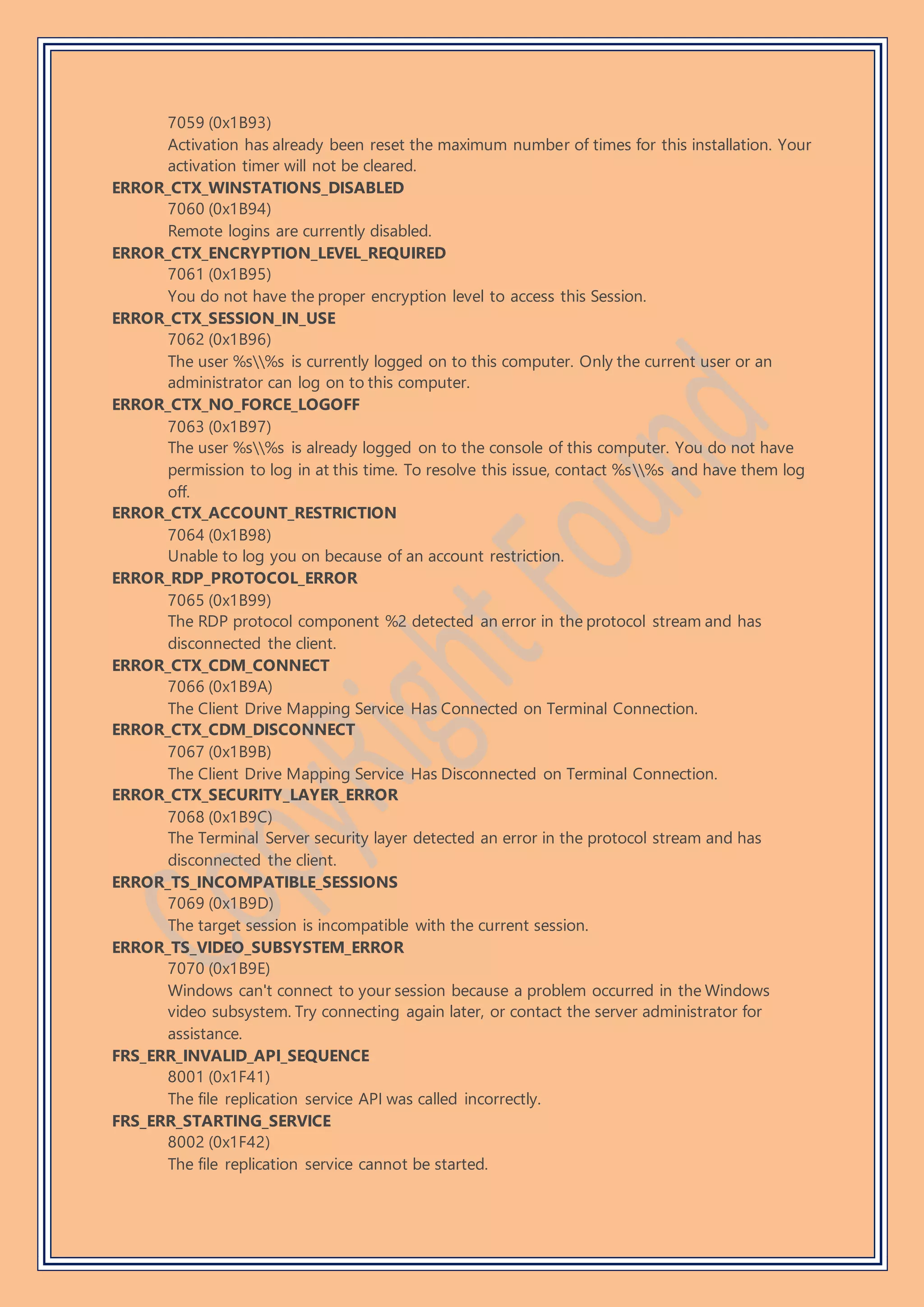 7059 (0x1B93)
Activation has already been reset the maximum number of times for this installation. Your
activation timer will not be cleared.
ERROR_CTX_WINSTATIONS_DISABLED
7060 (0x1B94)
Remote logins are currently disabled.
ERROR_CTX_ENCRYPTION_LEVEL_REQUIRED
7061 (0x1B95)
You do not have the proper encryption level to access this Session.
ERROR_CTX_SESSION_IN_USE
7062 (0x1B96)
The user %s%s is currently logged on to this computer. Only the current user or an
administrator can log on to this computer.
ERROR_CTX_NO_FORCE_LOGOFF
7063 (0x1B97)
The user %s%s is already logged on to the console of this computer. You do not have
permission to log in at this time. To resolve this issue, contact %s%s and have them log
off.
ERROR_CTX_ACCOUNT_RESTRICTION
7064 (0x1B98)
Unable to log you on because of an account restriction.
ERROR_RDP_PROTOCOL_ERROR
7065 (0x1B99)
The RDP protocol component %2 detected an error in the protocol stream and has
disconnected the client.
ERROR_CTX_CDM_CONNECT
7066 (0x1B9A)
The Client Drive Mapping Service Has Connected on Terminal Connection.
ERROR_CTX_CDM_DISCONNECT
7067 (0x1B9B)
The Client Drive Mapping Service Has Disconnected on Terminal Connection.
ERROR_CTX_SECURITY_LAYER_ERROR
7068 (0x1B9C)
The Terminal Server security layer detected an error in the protocol stream and has
disconnected the client.
ERROR_TS_INCOMPATIBLE_SESSIONS
7069 (0x1B9D)
The target session is incompatible with the current session.
ERROR_TS_VIDEO_SUBSYSTEM_ERROR
7070 (0x1B9E)
Windows can't connect to your session because a problem occurred in the Windows
video subsystem. Try connecting again later, or contact the server administrator for
assistance.
FRS_ERR_INVALID_API_SEQUENCE
8001 (0x1F41)
The file replication service API was called incorrectly.
FRS_ERR_STARTING_SERVICE
8002 (0x1F42)
The file replication service cannot be started.
 