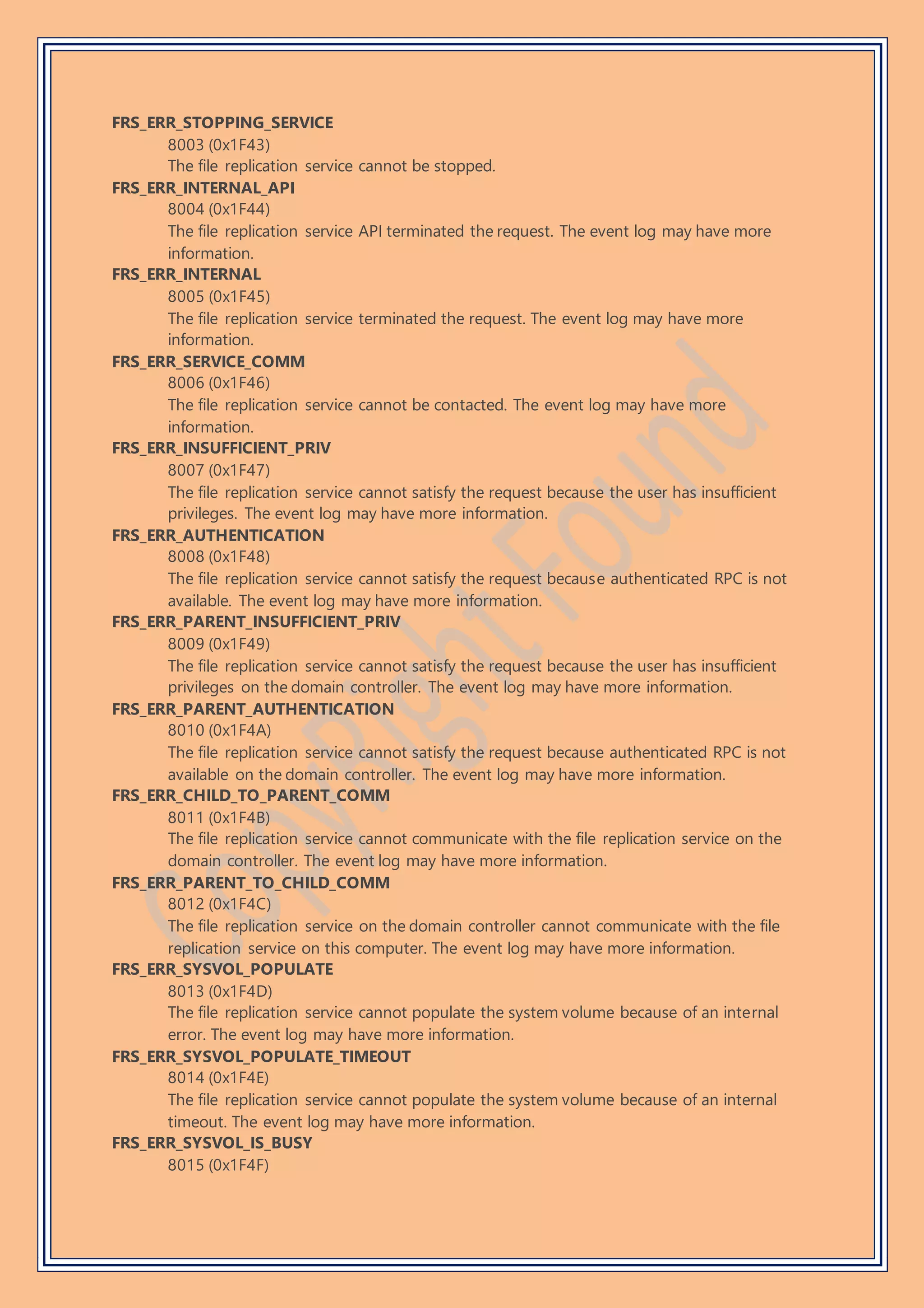 FRS_ERR_STOPPING_SERVICE
8003 (0x1F43)
The file replication service cannot be stopped.
FRS_ERR_INTERNAL_API
8004 (0x1F44)
The file replication service API terminated the request. The event log may have more
information.
FRS_ERR_INTERNAL
8005 (0x1F45)
The file replication service terminated the request. The event log may have more
information.
FRS_ERR_SERVICE_COMM
8006 (0x1F46)
The file replication service cannot be contacted. The event log may have more
information.
FRS_ERR_INSUFFICIENT_PRIV
8007 (0x1F47)
The file replication service cannot satisfy the request because the user has insufficient
privileges. The event log may have more information.
FRS_ERR_AUTHENTICATION
8008 (0x1F48)
The file replication service cannot satisfy the request because authenticated RPC is not
available. The event log may have more information.
FRS_ERR_PARENT_INSUFFICIENT_PRIV
8009 (0x1F49)
The file replication service cannot satisfy the request because the user has insufficient
privileges on the domain controller. The event log may have more information.
FRS_ERR_PARENT_AUTHENTICATION
8010 (0x1F4A)
The file replication service cannot satisfy the request because authenticated RPC is not
available on the domain controller. The event log may have more information.
FRS_ERR_CHILD_TO_PARENT_COMM
8011 (0x1F4B)
The file replication service cannot communicate with the file replication service on the
domain controller. The event log may have more information.
FRS_ERR_PARENT_TO_CHILD_COMM
8012 (0x1F4C)
The file replication service on the domain controller cannot communicate with the file
replication service on this computer. The event log may have more information.
FRS_ERR_SYSVOL_POPULATE
8013 (0x1F4D)
The file replication service cannot populate the system volume because of an internal
error. The event log may have more information.
FRS_ERR_SYSVOL_POPULATE_TIMEOUT
8014 (0x1F4E)
The file replication service cannot populate the system volume because of an internal
timeout. The event log may have more information.
FRS_ERR_SYSVOL_IS_BUSY
8015 (0x1F4F)
 
