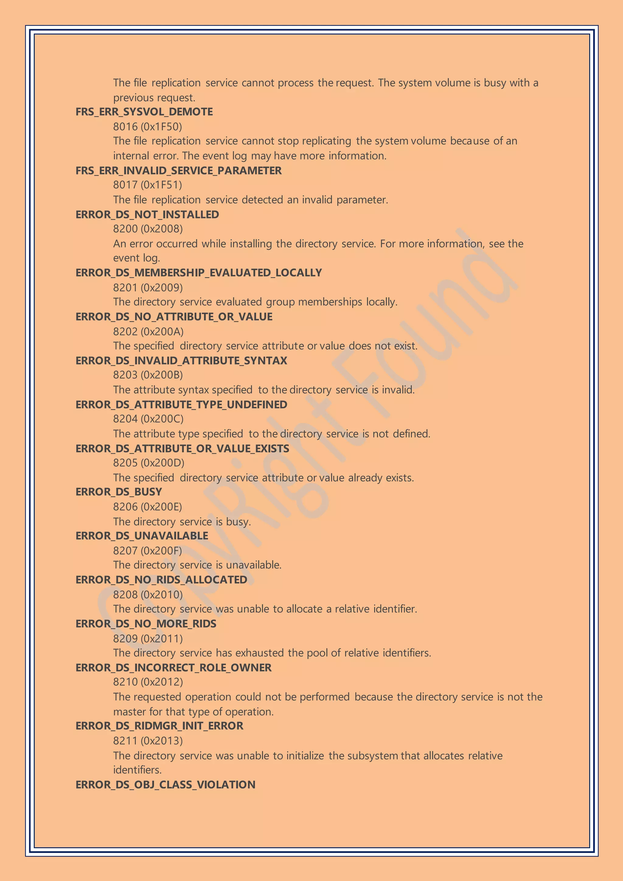 The file replication service cannot process the request. The system volume is busy with a
previous request.
FRS_ERR_SYSVOL_DEMOTE
8016 (0x1F50)
The file replication service cannot stop replicating the system volume because of an
internal error. The event log may have more information.
FRS_ERR_INVALID_SERVICE_PARAMETER
8017 (0x1F51)
The file replication service detected an invalid parameter.
ERROR_DS_NOT_INSTALLED
8200 (0x2008)
An error occurred while installing the directory service. For more information, see the
event log.
ERROR_DS_MEMBERSHIP_EVALUATED_LOCALLY
8201 (0x2009)
The directory service evaluated group memberships locally.
ERROR_DS_NO_ATTRIBUTE_OR_VALUE
8202 (0x200A)
The specified directory service attribute or value does not exist.
ERROR_DS_INVALID_ATTRIBUTE_SYNTAX
8203 (0x200B)
The attribute syntax specified to the directory service is invalid.
ERROR_DS_ATTRIBUTE_TYPE_UNDEFINED
8204 (0x200C)
The attribute type specified to the directory service is not defined.
ERROR_DS_ATTRIBUTE_OR_VALUE_EXISTS
8205 (0x200D)
The specified directory service attribute or value already exists.
ERROR_DS_BUSY
8206 (0x200E)
The directory service is busy.
ERROR_DS_UNAVAILABLE
8207 (0x200F)
The directory service is unavailable.
ERROR_DS_NO_RIDS_ALLOCATED
8208 (0x2010)
The directory service was unable to allocate a relative identifier.
ERROR_DS_NO_MORE_RIDS
8209 (0x2011)
The directory service has exhausted the pool of relative identifiers.
ERROR_DS_INCORRECT_ROLE_OWNER
8210 (0x2012)
The requested operation could not be performed because the directory service is not the
master for that type of operation.
ERROR_DS_RIDMGR_INIT_ERROR
8211 (0x2013)
The directory service was unable to initialize the subsystem that allocates relative
identifiers.
ERROR_DS_OBJ_CLASS_VIOLATION
 