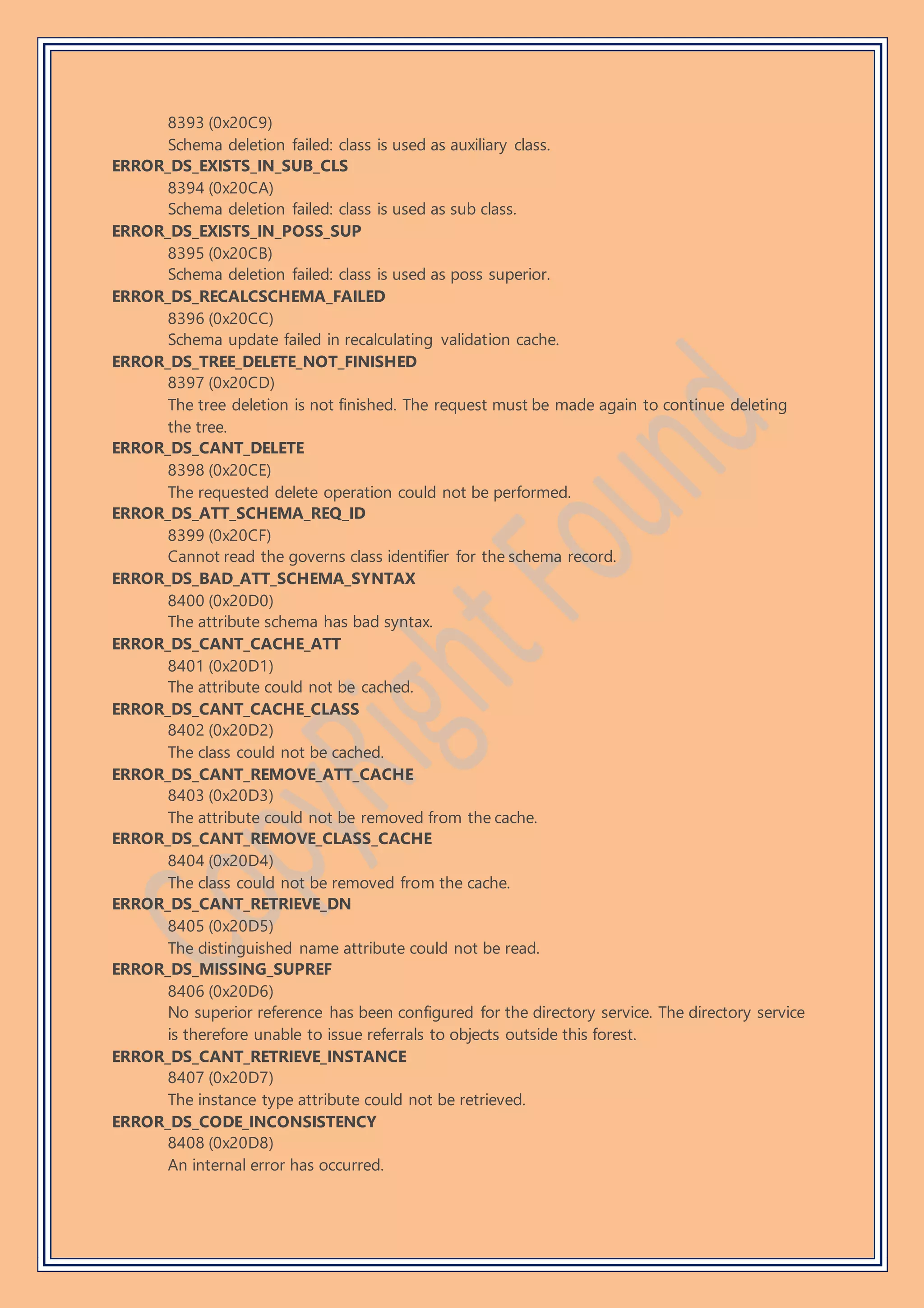 8393 (0x20C9)
Schema deletion failed: class is used as auxiliary class.
ERROR_DS_EXISTS_IN_SUB_CLS
8394 (0x20CA)
Schema deletion failed: class is used as sub class.
ERROR_DS_EXISTS_IN_POSS_SUP
8395 (0x20CB)
Schema deletion failed: class is used as poss superior.
ERROR_DS_RECALCSCHEMA_FAILED
8396 (0x20CC)
Schema update failed in recalculating validation cache.
ERROR_DS_TREE_DELETE_NOT_FINISHED
8397 (0x20CD)
The tree deletion is not finished. The request must be made again to continue deleting
the tree.
ERROR_DS_CANT_DELETE
8398 (0x20CE)
The requested delete operation could not be performed.
ERROR_DS_ATT_SCHEMA_REQ_ID
8399 (0x20CF)
Cannot read the governs class identifier for the schema record.
ERROR_DS_BAD_ATT_SCHEMA_SYNTAX
8400 (0x20D0)
The attribute schema has bad syntax.
ERROR_DS_CANT_CACHE_ATT
8401 (0x20D1)
The attribute could not be cached.
ERROR_DS_CANT_CACHE_CLASS
8402 (0x20D2)
The class could not be cached.
ERROR_DS_CANT_REMOVE_ATT_CACHE
8403 (0x20D3)
The attribute could not be removed from the cache.
ERROR_DS_CANT_REMOVE_CLASS_CACHE
8404 (0x20D4)
The class could not be removed from the cache.
ERROR_DS_CANT_RETRIEVE_DN
8405 (0x20D5)
The distinguished name attribute could not be read.
ERROR_DS_MISSING_SUPREF
8406 (0x20D6)
No superior reference has been configured for the directory service. The directory service
is therefore unable to issue referrals to objects outside this forest.
ERROR_DS_CANT_RETRIEVE_INSTANCE
8407 (0x20D7)
The instance type attribute could not be retrieved.
ERROR_DS_CODE_INCONSISTENCY
8408 (0x20D8)
An internal error has occurred.
 