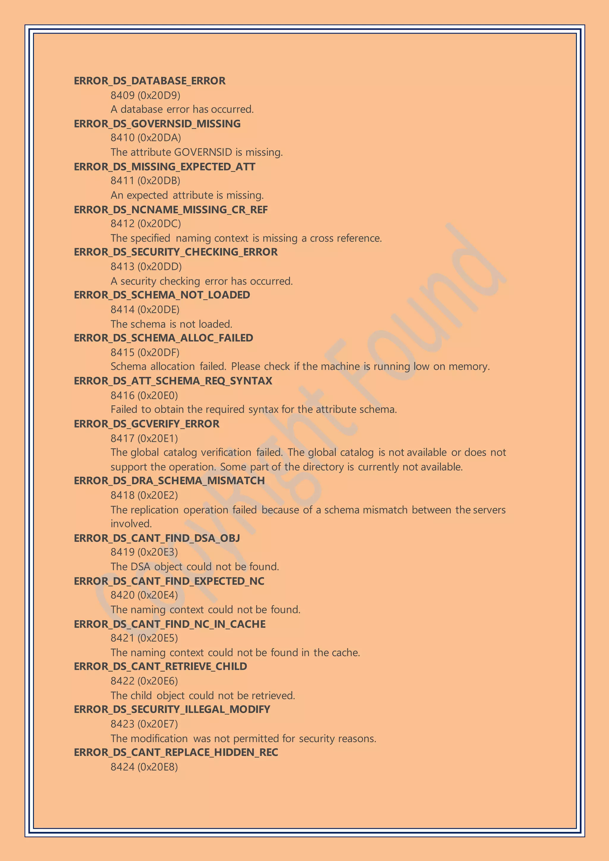 ERROR_DS_DATABASE_ERROR
8409 (0x20D9)
A database error has occurred.
ERROR_DS_GOVERNSID_MISSING
8410 (0x20DA)
The attribute GOVERNSID is missing.
ERROR_DS_MISSING_EXPECTED_ATT
8411 (0x20DB)
An expected attribute is missing.
ERROR_DS_NCNAME_MISSING_CR_REF
8412 (0x20DC)
The specified naming context is missing a cross reference.
ERROR_DS_SECURITY_CHECKING_ERROR
8413 (0x20DD)
A security checking error has occurred.
ERROR_DS_SCHEMA_NOT_LOADED
8414 (0x20DE)
The schema is not loaded.
ERROR_DS_SCHEMA_ALLOC_FAILED
8415 (0x20DF)
Schema allocation failed. Please check if the machine is running low on memory.
ERROR_DS_ATT_SCHEMA_REQ_SYNTAX
8416 (0x20E0)
Failed to obtain the required syntax for the attribute schema.
ERROR_DS_GCVERIFY_ERROR
8417 (0x20E1)
The global catalog verification failed. The global catalog is not available or does not
support the operation. Some part of the directory is currently not available.
ERROR_DS_DRA_SCHEMA_MISMATCH
8418 (0x20E2)
The replication operation failed because of a schema mismatch between the servers
involved.
ERROR_DS_CANT_FIND_DSA_OBJ
8419 (0x20E3)
The DSA object could not be found.
ERROR_DS_CANT_FIND_EXPECTED_NC
8420 (0x20E4)
The naming context could not be found.
ERROR_DS_CANT_FIND_NC_IN_CACHE
8421 (0x20E5)
The naming context could not be found in the cache.
ERROR_DS_CANT_RETRIEVE_CHILD
8422 (0x20E6)
The child object could not be retrieved.
ERROR_DS_SECURITY_ILLEGAL_MODIFY
8423 (0x20E7)
The modification was not permitted for security reasons.
ERROR_DS_CANT_REPLACE_HIDDEN_REC
8424 (0x20E8)
 