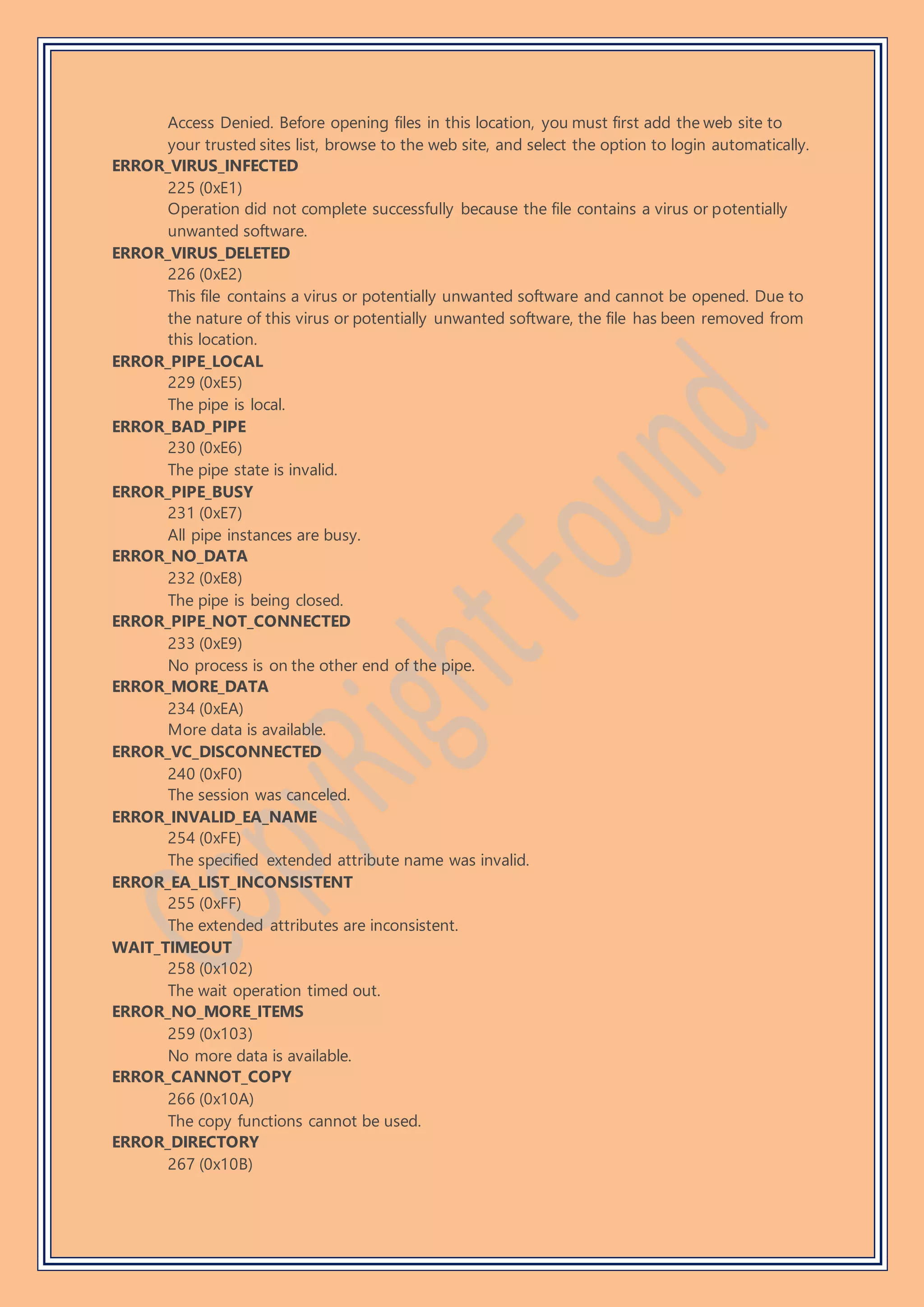 Access Denied. Before opening files in this location, you must first add the web site to
your trusted sites list, browse to the web site, and select the option to login automatically.
ERROR_VIRUS_INFECTED
225 (0xE1)
Operation did not complete successfully because the file contains a virus or potentially
unwanted software.
ERROR_VIRUS_DELETED
226 (0xE2)
This file contains a virus or potentially unwanted software and cannot be opened. Due to
the nature of this virus or potentially unwanted software, the file has been removed from
this location.
ERROR_PIPE_LOCAL
229 (0xE5)
The pipe is local.
ERROR_BAD_PIPE
230 (0xE6)
The pipe state is invalid.
ERROR_PIPE_BUSY
231 (0xE7)
All pipe instances are busy.
ERROR_NO_DATA
232 (0xE8)
The pipe is being closed.
ERROR_PIPE_NOT_CONNECTED
233 (0xE9)
No process is on the other end of the pipe.
ERROR_MORE_DATA
234 (0xEA)
More data is available.
ERROR_VC_DISCONNECTED
240 (0xF0)
The session was canceled.
ERROR_INVALID_EA_NAME
254 (0xFE)
The specified extended attribute name was invalid.
ERROR_EA_LIST_INCONSISTENT
255 (0xFF)
The extended attributes are inconsistent.
WAIT_TIMEOUT
258 (0x102)
The wait operation timed out.
ERROR_NO_MORE_ITEMS
259 (0x103)
No more data is available.
ERROR_CANNOT_COPY
266 (0x10A)
The copy functions cannot be used.
ERROR_DIRECTORY
267 (0x10B)
 