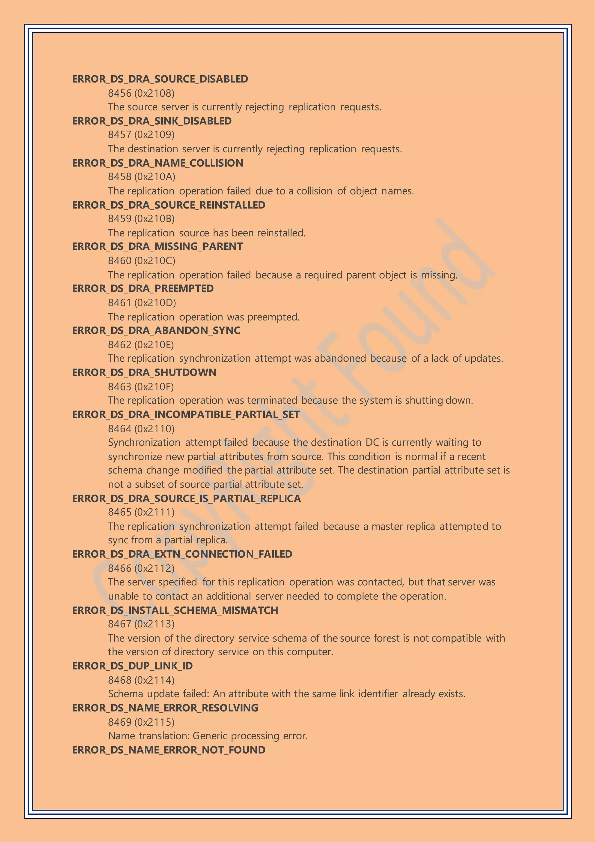 ERROR_DS_DRA_SOURCE_DISABLED
8456 (0x2108)
The source server is currently rejecting replication requests.
ERROR_DS_DRA_SINK_DISABLED
8457 (0x2109)
The destination server is currently rejecting replication requests.
ERROR_DS_DRA_NAME_COLLISION
8458 (0x210A)
The replication operation failed due to a collision of object names.
ERROR_DS_DRA_SOURCE_REINSTALLED
8459 (0x210B)
The replication source has been reinstalled.
ERROR_DS_DRA_MISSING_PARENT
8460 (0x210C)
The replication operation failed because a required parent object is missing.
ERROR_DS_DRA_PREEMPTED
8461 (0x210D)
The replication operation was preempted.
ERROR_DS_DRA_ABANDON_SYNC
8462 (0x210E)
The replication synchronization attempt was abandoned because of a lack of updates.
ERROR_DS_DRA_SHUTDOWN
8463 (0x210F)
The replication operation was terminated because the system is shutting down.
ERROR_DS_DRA_INCOMPATIBLE_PARTIAL_SET
8464 (0x2110)
Synchronization attempt failed because the destination DC is currently waiting to
synchronize new partial attributes from source. This condition is normal if a recent
schema change modified the partial attribute set. The destination partial attribute set is
not a subset of source partial attribute set.
ERROR_DS_DRA_SOURCE_IS_PARTIAL_REPLICA
8465 (0x2111)
The replication synchronization attempt failed because a master replica attempted to
sync from a partial replica.
ERROR_DS_DRA_EXTN_CONNECTION_FAILED
8466 (0x2112)
The server specified for this replication operation was contacted, but that server was
unable to contact an additional server needed to complete the operation.
ERROR_DS_INSTALL_SCHEMA_MISMATCH
8467 (0x2113)
The version of the directory service schema of the source forest is not compatible with
the version of directory service on this computer.
ERROR_DS_DUP_LINK_ID
8468 (0x2114)
Schema update failed: An attribute with the same link identifier already exists.
ERROR_DS_NAME_ERROR_RESOLVING
8469 (0x2115)
Name translation: Generic processing error.
ERROR_DS_NAME_ERROR_NOT_FOUND
 