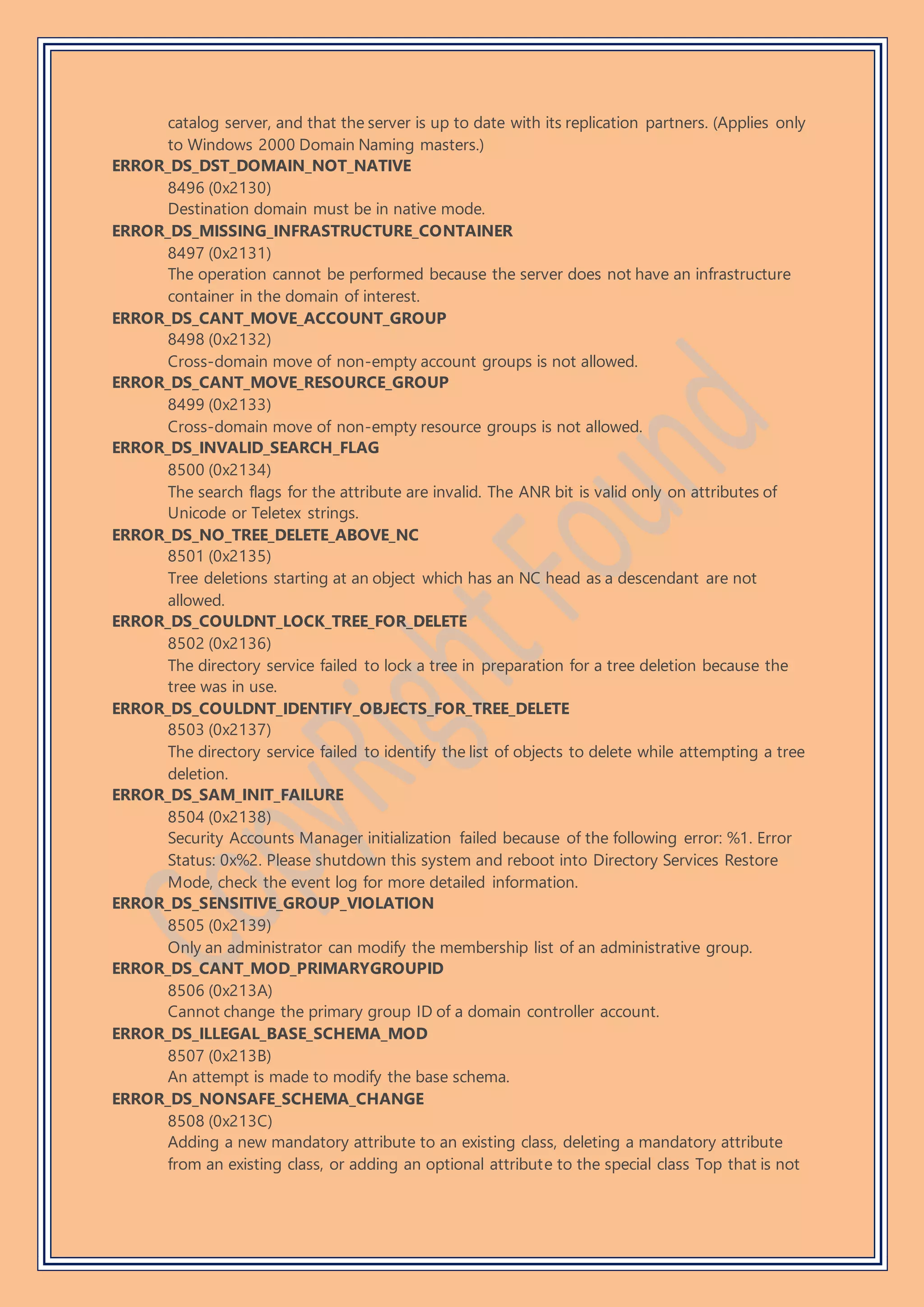 catalog server, and that the server is up to date with its replication partners. (Applies only
to Windows 2000 Domain Naming masters.)
ERROR_DS_DST_DOMAIN_NOT_NATIVE
8496 (0x2130)
Destination domain must be in native mode.
ERROR_DS_MISSING_INFRASTRUCTURE_CONTAINER
8497 (0x2131)
The operation cannot be performed because the server does not have an infrastructure
container in the domain of interest.
ERROR_DS_CANT_MOVE_ACCOUNT_GROUP
8498 (0x2132)
Cross-domain move of non-empty account groups is not allowed.
ERROR_DS_CANT_MOVE_RESOURCE_GROUP
8499 (0x2133)
Cross-domain move of non-empty resource groups is not allowed.
ERROR_DS_INVALID_SEARCH_FLAG
8500 (0x2134)
The search flags for the attribute are invalid. The ANR bit is valid only on attributes of
Unicode or Teletex strings.
ERROR_DS_NO_TREE_DELETE_ABOVE_NC
8501 (0x2135)
Tree deletions starting at an object which has an NC head as a descendant are not
allowed.
ERROR_DS_COULDNT_LOCK_TREE_FOR_DELETE
8502 (0x2136)
The directory service failed to lock a tree in preparation for a tree deletion because the
tree was in use.
ERROR_DS_COULDNT_IDENTIFY_OBJECTS_FOR_TREE_DELETE
8503 (0x2137)
The directory service failed to identify the list of objects to delete while attempting a tree
deletion.
ERROR_DS_SAM_INIT_FAILURE
8504 (0x2138)
Security Accounts Manager initialization failed because of the following error: %1. Error
Status: 0x%2. Please shutdown this system and reboot into Directory Services Restore
Mode, check the event log for more detailed information.
ERROR_DS_SENSITIVE_GROUP_VIOLATION
8505 (0x2139)
Only an administrator can modify the membership list of an administrative group.
ERROR_DS_CANT_MOD_PRIMARYGROUPID
8506 (0x213A)
Cannot change the primary group ID of a domain controller account.
ERROR_DS_ILLEGAL_BASE_SCHEMA_MOD
8507 (0x213B)
An attempt is made to modify the base schema.
ERROR_DS_NONSAFE_SCHEMA_CHANGE
8508 (0x213C)
Adding a new mandatory attribute to an existing class, deleting a mandatory attribute
from an existing class, or adding an optional attribute to the special class Top that is not
 