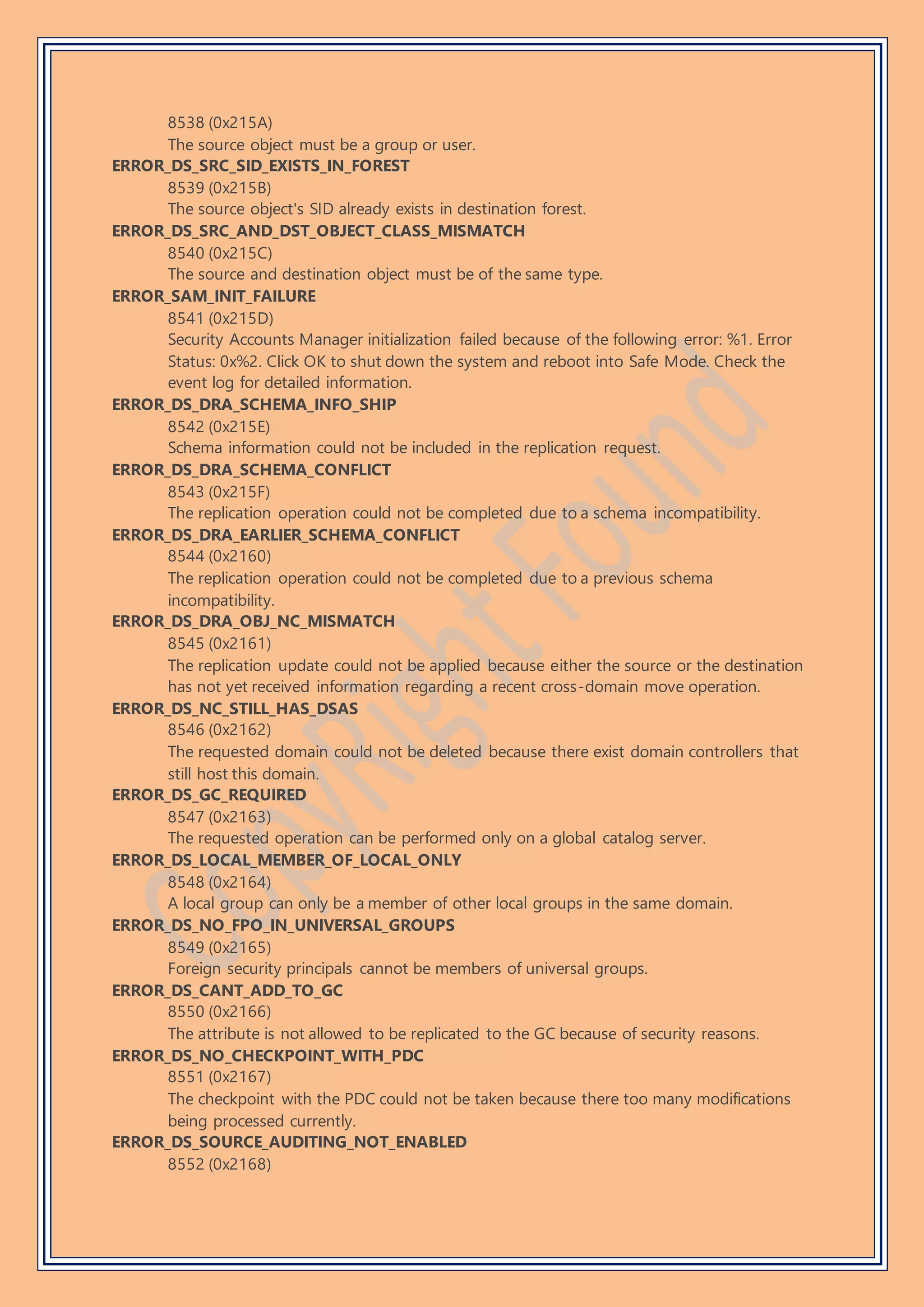 8538 (0x215A)
The source object must be a group or user.
ERROR_DS_SRC_SID_EXISTS_IN_FOREST
8539 (0x215B)
The source object's SID already exists in destination forest.
ERROR_DS_SRC_AND_DST_OBJECT_CLASS_MISMATCH
8540 (0x215C)
The source and destination object must be of the same type.
ERROR_SAM_INIT_FAILURE
8541 (0x215D)
Security Accounts Manager initialization failed because of the following error: %1. Error
Status: 0x%2. Click OK to shut down the system and reboot into Safe Mode. Check the
event log for detailed information.
ERROR_DS_DRA_SCHEMA_INFO_SHIP
8542 (0x215E)
Schema information could not be included in the replication request.
ERROR_DS_DRA_SCHEMA_CONFLICT
8543 (0x215F)
The replication operation could not be completed due to a schema incompatibility.
ERROR_DS_DRA_EARLIER_SCHEMA_CONFLICT
8544 (0x2160)
The replication operation could not be completed due to a previous schema
incompatibility.
ERROR_DS_DRA_OBJ_NC_MISMATCH
8545 (0x2161)
The replication update could not be applied because either the source or the destination
has not yet received information regarding a recent cross-domain move operation.
ERROR_DS_NC_STILL_HAS_DSAS
8546 (0x2162)
The requested domain could not be deleted because there exist domain controllers that
still host this domain.
ERROR_DS_GC_REQUIRED
8547 (0x2163)
The requested operation can be performed only on a global catalog server.
ERROR_DS_LOCAL_MEMBER_OF_LOCAL_ONLY
8548 (0x2164)
A local group can only be a member of other local groups in the same domain.
ERROR_DS_NO_FPO_IN_UNIVERSAL_GROUPS
8549 (0x2165)
Foreign security principals cannot be members of universal groups.
ERROR_DS_CANT_ADD_TO_GC
8550 (0x2166)
The attribute is not allowed to be replicated to the GC because of security reasons.
ERROR_DS_NO_CHECKPOINT_WITH_PDC
8551 (0x2167)
The checkpoint with the PDC could not be taken because there too many modifications
being processed currently.
ERROR_DS_SOURCE_AUDITING_NOT_ENABLED
8552 (0x2168)
 