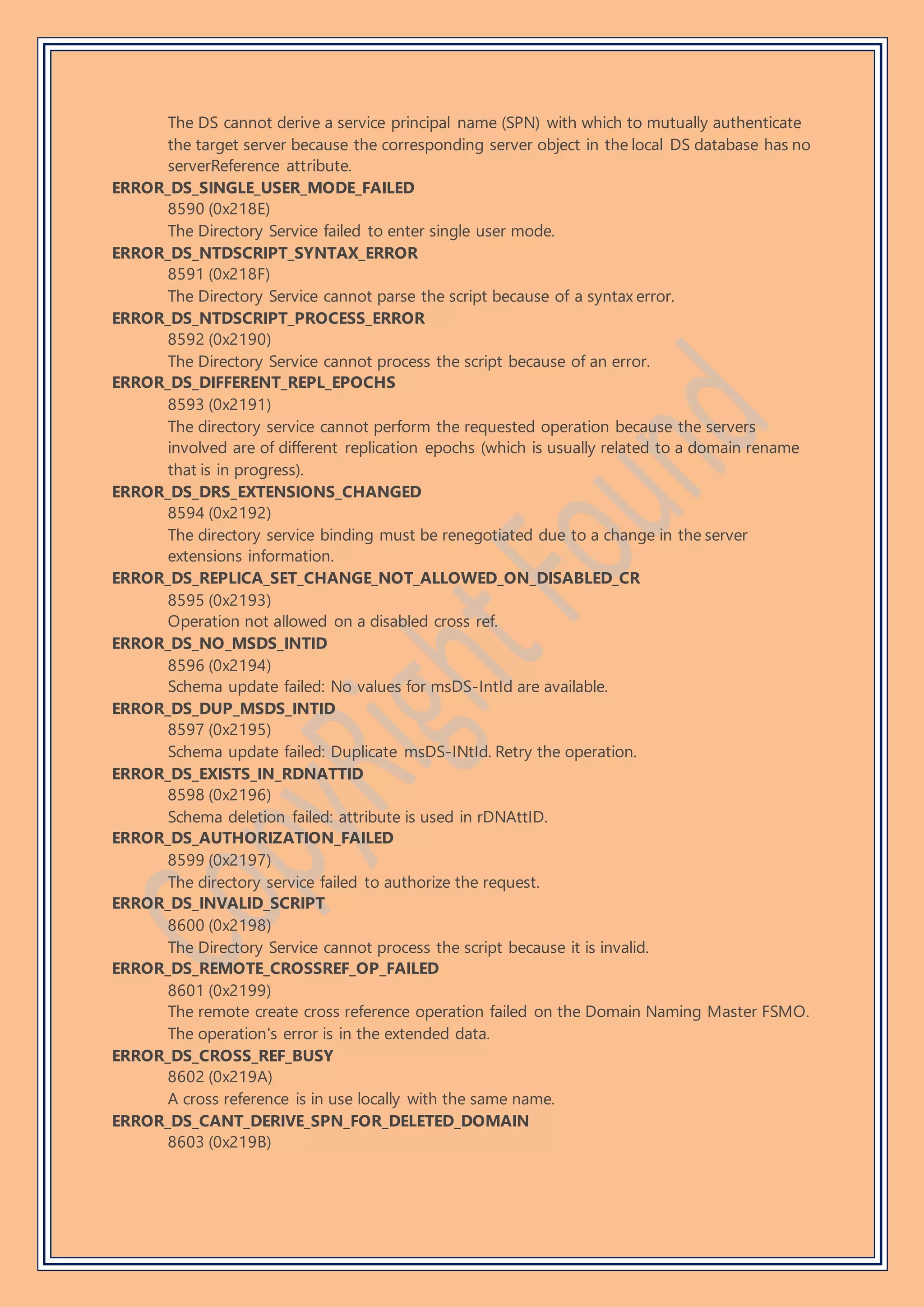 The DS cannot derive a service principal name (SPN) with which to mutually authenticate
the target server because the corresponding server object in the local DS database has no
serverReference attribute.
ERROR_DS_SINGLE_USER_MODE_FAILED
8590 (0x218E)
The Directory Service failed to enter single user mode.
ERROR_DS_NTDSCRIPT_SYNTAX_ERROR
8591 (0x218F)
The Directory Service cannot parse the script because of a syntax error.
ERROR_DS_NTDSCRIPT_PROCESS_ERROR
8592 (0x2190)
The Directory Service cannot process the script because of an error.
ERROR_DS_DIFFERENT_REPL_EPOCHS
8593 (0x2191)
The directory service cannot perform the requested operation because the servers
involved are of different replication epochs (which is usually related to a domain rename
that is in progress).
ERROR_DS_DRS_EXTENSIONS_CHANGED
8594 (0x2192)
The directory service binding must be renegotiated due to a change in the server
extensions information.
ERROR_DS_REPLICA_SET_CHANGE_NOT_ALLOWED_ON_DISABLED_CR
8595 (0x2193)
Operation not allowed on a disabled cross ref.
ERROR_DS_NO_MSDS_INTID
8596 (0x2194)
Schema update failed: No values for msDS-IntId are available.
ERROR_DS_DUP_MSDS_INTID
8597 (0x2195)
Schema update failed: Duplicate msDS-INtId. Retry the operation.
ERROR_DS_EXISTS_IN_RDNATTID
8598 (0x2196)
Schema deletion failed: attribute is used in rDNAttID.
ERROR_DS_AUTHORIZATION_FAILED
8599 (0x2197)
The directory service failed to authorize the request.
ERROR_DS_INVALID_SCRIPT
8600 (0x2198)
The Directory Service cannot process the script because it is invalid.
ERROR_DS_REMOTE_CROSSREF_OP_FAILED
8601 (0x2199)
The remote create cross reference operation failed on the Domain Naming Master FSMO.
The operation's error is in the extended data.
ERROR_DS_CROSS_REF_BUSY
8602 (0x219A)
A cross reference is in use locally with the same name.
ERROR_DS_CANT_DERIVE_SPN_FOR_DELETED_DOMAIN
8603 (0x219B)
 