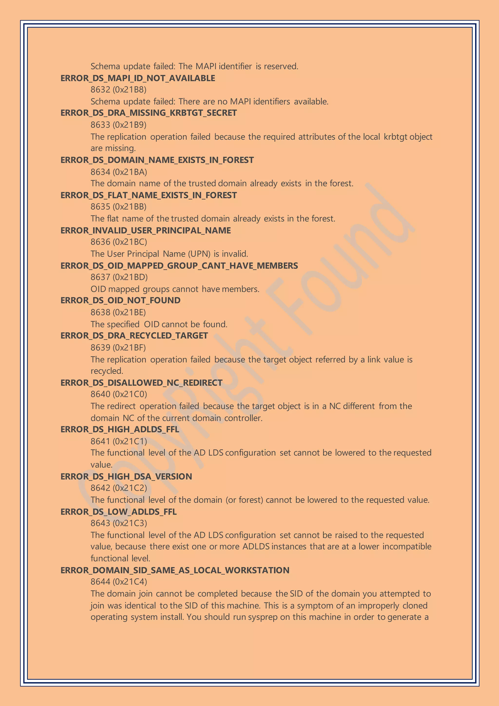 Schema update failed: The MAPI identifier is reserved.
ERROR_DS_MAPI_ID_NOT_AVAILABLE
8632 (0x21B8)
Schema update failed: There are no MAPI identifiers available.
ERROR_DS_DRA_MISSING_KRBTGT_SECRET
8633 (0x21B9)
The replication operation failed because the required attributes of the local krbtgt object
are missing.
ERROR_DS_DOMAIN_NAME_EXISTS_IN_FOREST
8634 (0x21BA)
The domain name of the trusted domain already exists in the forest.
ERROR_DS_FLAT_NAME_EXISTS_IN_FOREST
8635 (0x21BB)
The flat name of the trusted domain already exists in the forest.
ERROR_INVALID_USER_PRINCIPAL_NAME
8636 (0x21BC)
The User Principal Name (UPN) is invalid.
ERROR_DS_OID_MAPPED_GROUP_CANT_HAVE_MEMBERS
8637 (0x21BD)
OID mapped groups cannot have members.
ERROR_DS_OID_NOT_FOUND
8638 (0x21BE)
The specified OID cannot be found.
ERROR_DS_DRA_RECYCLED_TARGET
8639 (0x21BF)
The replication operation failed because the target object referred by a link value is
recycled.
ERROR_DS_DISALLOWED_NC_REDIRECT
8640 (0x21C0)
The redirect operation failed because the target object is in a NC different from the
domain NC of the current domain controller.
ERROR_DS_HIGH_ADLDS_FFL
8641 (0x21C1)
The functional level of the AD LDS configuration set cannot be lowered to the requested
value.
ERROR_DS_HIGH_DSA_VERSION
8642 (0x21C2)
The functional level of the domain (or forest) cannot be lowered to the requested value.
ERROR_DS_LOW_ADLDS_FFL
8643 (0x21C3)
The functional level of the AD LDS configuration set cannot be raised to the requested
value, because there exist one or more ADLDS instances that are at a lower incompatible
functional level.
ERROR_DOMAIN_SID_SAME_AS_LOCAL_WORKSTATION
8644 (0x21C4)
The domain join cannot be completed because the SID of the domain you attempted to
join was identical to the SID of this machine. This is a symptom of an improperly cloned
operating system install. You should run sysprep on this machine in order to generate a
 