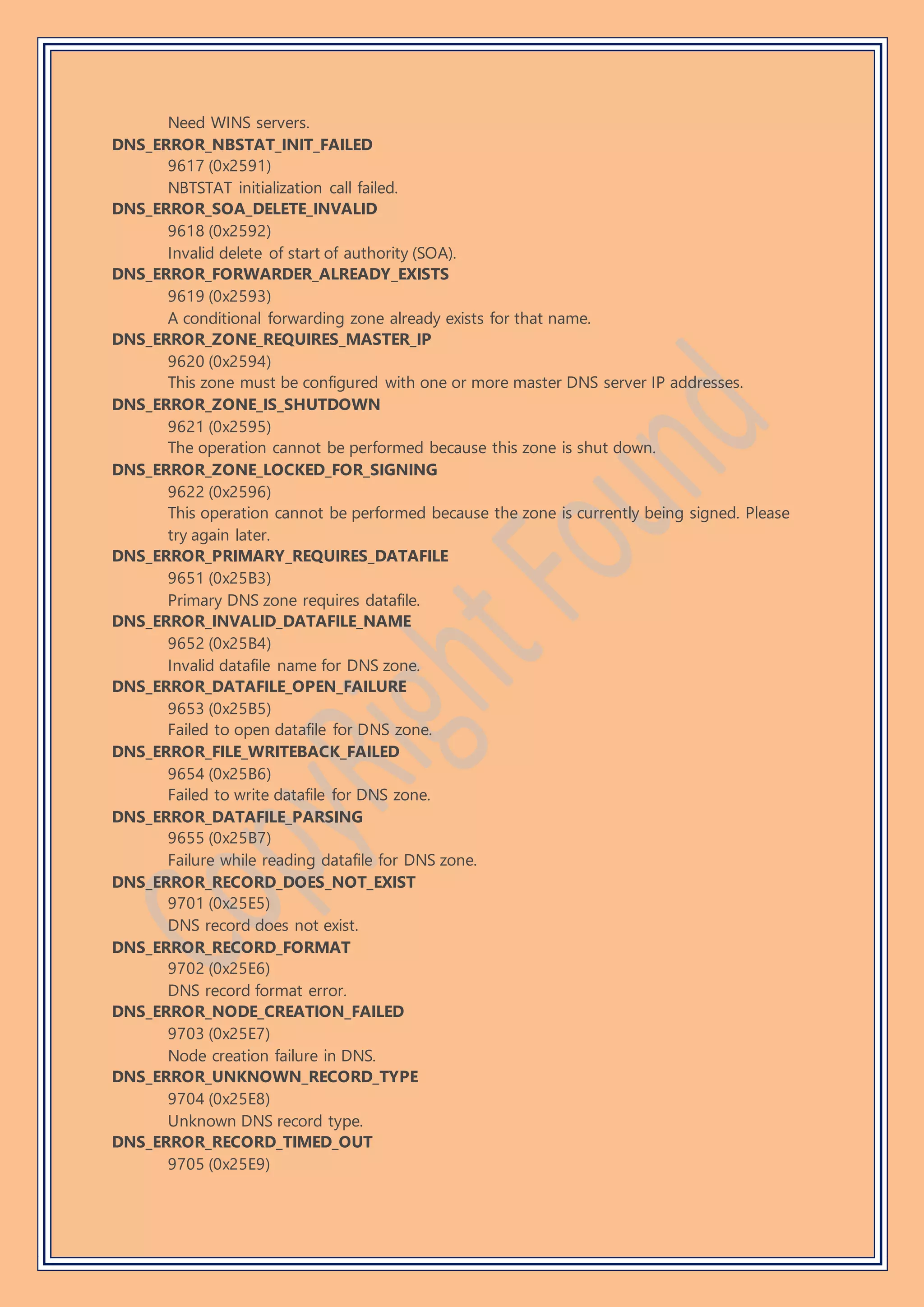 Need WINS servers.
DNS_ERROR_NBSTAT_INIT_FAILED
9617 (0x2591)
NBTSTAT initialization call failed.
DNS_ERROR_SOA_DELETE_INVALID
9618 (0x2592)
Invalid delete of start of authority (SOA).
DNS_ERROR_FORWARDER_ALREADY_EXISTS
9619 (0x2593)
A conditional forwarding zone already exists for that name.
DNS_ERROR_ZONE_REQUIRES_MASTER_IP
9620 (0x2594)
This zone must be configured with one or more master DNS server IP addresses.
DNS_ERROR_ZONE_IS_SHUTDOWN
9621 (0x2595)
The operation cannot be performed because this zone is shut down.
DNS_ERROR_ZONE_LOCKED_FOR_SIGNING
9622 (0x2596)
This operation cannot be performed because the zone is currently being signed. Please
try again later.
DNS_ERROR_PRIMARY_REQUIRES_DATAFILE
9651 (0x25B3)
Primary DNS zone requires datafile.
DNS_ERROR_INVALID_DATAFILE_NAME
9652 (0x25B4)
Invalid datafile name for DNS zone.
DNS_ERROR_DATAFILE_OPEN_FAILURE
9653 (0x25B5)
Failed to open datafile for DNS zone.
DNS_ERROR_FILE_WRITEBACK_FAILED
9654 (0x25B6)
Failed to write datafile for DNS zone.
DNS_ERROR_DATAFILE_PARSING
9655 (0x25B7)
Failure while reading datafile for DNS zone.
DNS_ERROR_RECORD_DOES_NOT_EXIST
9701 (0x25E5)
DNS record does not exist.
DNS_ERROR_RECORD_FORMAT
9702 (0x25E6)
DNS record format error.
DNS_ERROR_NODE_CREATION_FAILED
9703 (0x25E7)
Node creation failure in DNS.
DNS_ERROR_UNKNOWN_RECORD_TYPE
9704 (0x25E8)
Unknown DNS record type.
DNS_ERROR_RECORD_TIMED_OUT
9705 (0x25E9)
 
