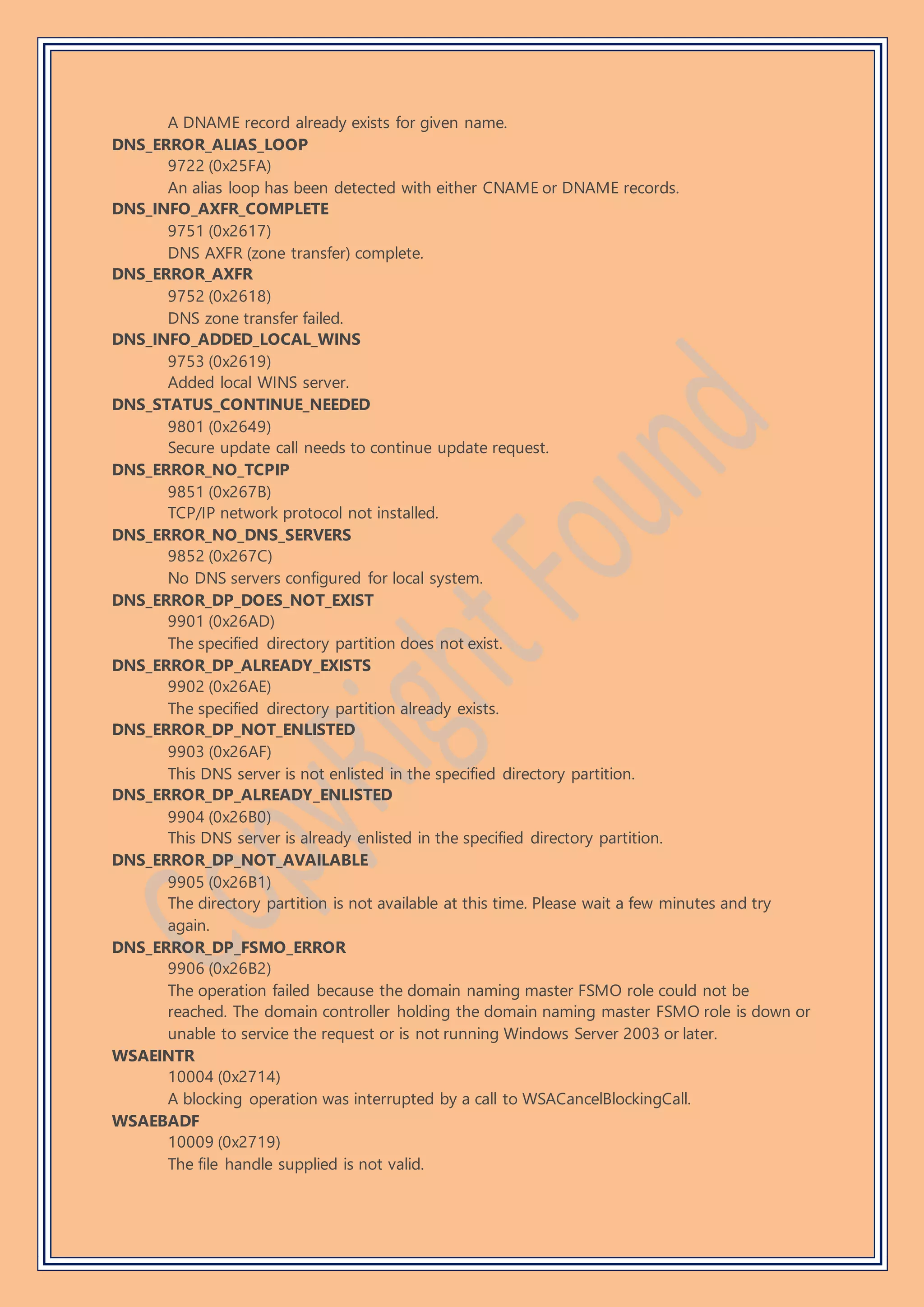 A DNAME record already exists for given name.
DNS_ERROR_ALIAS_LOOP
9722 (0x25FA)
An alias loop has been detected with either CNAME or DNAME records.
DNS_INFO_AXFR_COMPLETE
9751 (0x2617)
DNS AXFR (zone transfer) complete.
DNS_ERROR_AXFR
9752 (0x2618)
DNS zone transfer failed.
DNS_INFO_ADDED_LOCAL_WINS
9753 (0x2619)
Added local WINS server.
DNS_STATUS_CONTINUE_NEEDED
9801 (0x2649)
Secure update call needs to continue update request.
DNS_ERROR_NO_TCPIP
9851 (0x267B)
TCP/IP network protocol not installed.
DNS_ERROR_NO_DNS_SERVERS
9852 (0x267C)
No DNS servers configured for local system.
DNS_ERROR_DP_DOES_NOT_EXIST
9901 (0x26AD)
The specified directory partition does not exist.
DNS_ERROR_DP_ALREADY_EXISTS
9902 (0x26AE)
The specified directory partition already exists.
DNS_ERROR_DP_NOT_ENLISTED
9903 (0x26AF)
This DNS server is not enlisted in the specified directory partition.
DNS_ERROR_DP_ALREADY_ENLISTED
9904 (0x26B0)
This DNS server is already enlisted in the specified directory partition.
DNS_ERROR_DP_NOT_AVAILABLE
9905 (0x26B1)
The directory partition is not available at this time. Please wait a few minutes and try
again.
DNS_ERROR_DP_FSMO_ERROR
9906 (0x26B2)
The operation failed because the domain naming master FSMO role could not be
reached. The domain controller holding the domain naming master FSMO role is down or
unable to service the request or is not running Windows Server 2003 or later.
WSAEINTR
10004 (0x2714)
A blocking operation was interrupted by a call to WSACancelBlockingCall.
WSAEBADF
10009 (0x2719)
The file handle supplied is not valid.
 