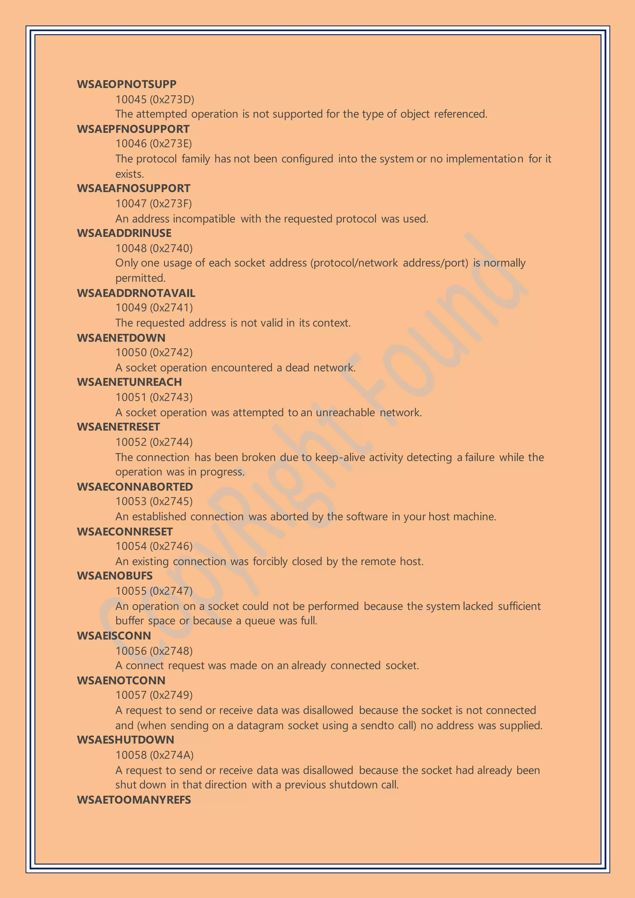 WSAEOPNOTSUPP
10045 (0x273D)
The attempted operation is not supported for the type of object referenced.
WSAEPFNOSUPPORT
10046 (0x273E)
The protocol family has not been configured into the system or no implementation for it
exists.
WSAEAFNOSUPPORT
10047 (0x273F)
An address incompatible with the requested protocol was used.
WSAEADDRINUSE
10048 (0x2740)
Only one usage of each socket address (protocol/network address/port) is normally
permitted.
WSAEADDRNOTAVAIL
10049 (0x2741)
The requested address is not valid in its context.
WSAENETDOWN
10050 (0x2742)
A socket operation encountered a dead network.
WSAENETUNREACH
10051 (0x2743)
A socket operation was attempted to an unreachable network.
WSAENETRESET
10052 (0x2744)
The connection has been broken due to keep-alive activity detecting a failure while the
operation was in progress.
WSAECONNABORTED
10053 (0x2745)
An established connection was aborted by the software in your host machine.
WSAECONNRESET
10054 (0x2746)
An existing connection was forcibly closed by the remote host.
WSAENOBUFS
10055 (0x2747)
An operation on a socket could not be performed because the system lacked sufficient
buffer space or because a queue was full.
WSAEISCONN
10056 (0x2748)
A connect request was made on an already connected socket.
WSAENOTCONN
10057 (0x2749)
A request to send or receive data was disallowed because the socket is not connected
and (when sending on a datagram socket using a sendto call) no address was supplied.
WSAESHUTDOWN
10058 (0x274A)
A request to send or receive data was disallowed because the socket had already been
shut down in that direction with a previous shutdown call.
WSAETOOMANYREFS
 