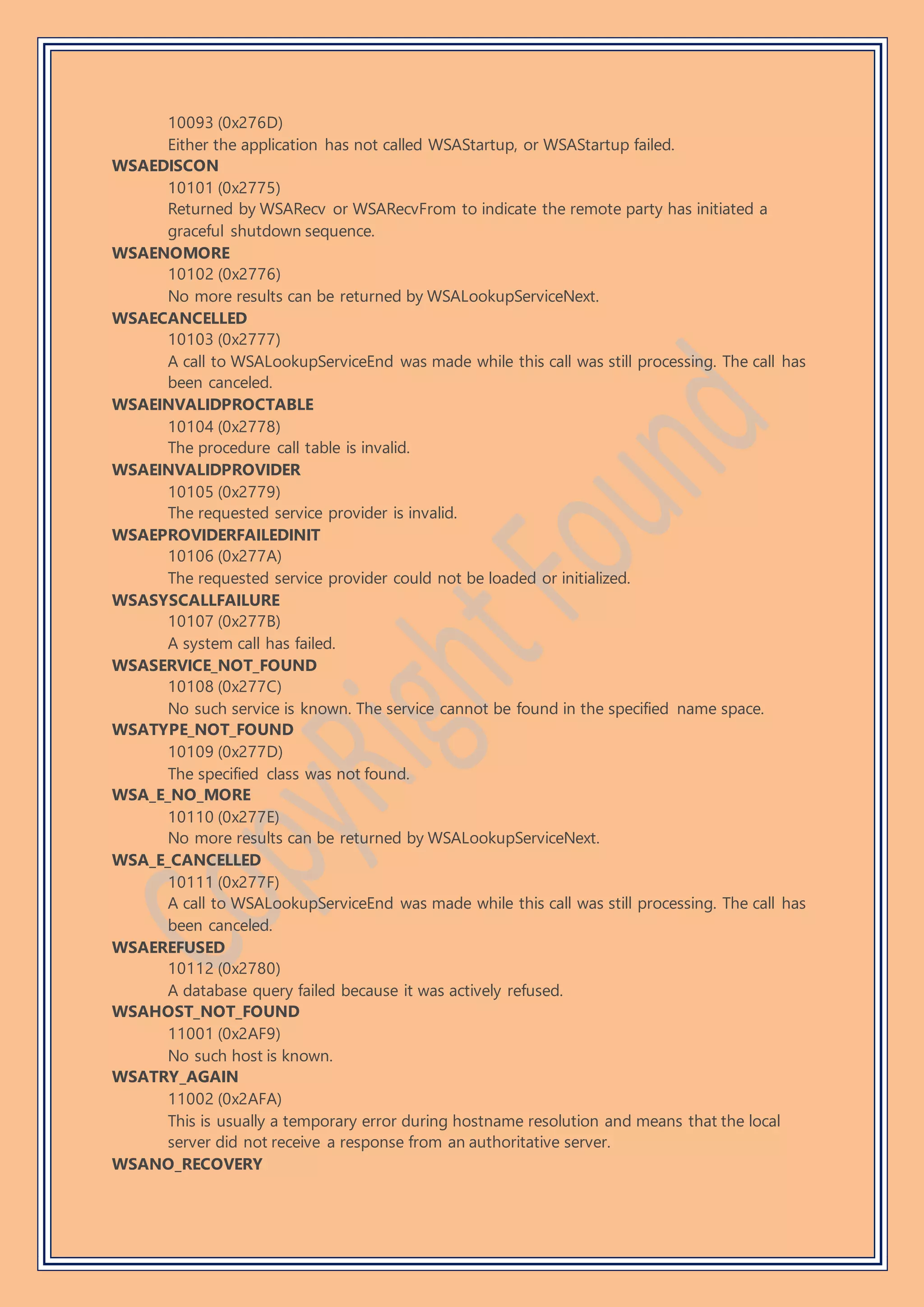 10093 (0x276D)
Either the application has not called WSAStartup, or WSAStartup failed.
WSAEDISCON
10101 (0x2775)
Returned by WSARecv or WSARecvFrom to indicate the remote party has initiated a
graceful shutdown sequence.
WSAENOMORE
10102 (0x2776)
No more results can be returned by WSALookupServiceNext.
WSAECANCELLED
10103 (0x2777)
A call to WSALookupServiceEnd was made while this call was still processing. The call has
been canceled.
WSAEINVALIDPROCTABLE
10104 (0x2778)
The procedure call table is invalid.
WSAEINVALIDPROVIDER
10105 (0x2779)
The requested service provider is invalid.
WSAEPROVIDERFAILEDINIT
10106 (0x277A)
The requested service provider could not be loaded or initialized.
WSASYSCALLFAILURE
10107 (0x277B)
A system call has failed.
WSASERVICE_NOT_FOUND
10108 (0x277C)
No such service is known. The service cannot be found in the specified name space.
WSATYPE_NOT_FOUND
10109 (0x277D)
The specified class was not found.
WSA_E_NO_MORE
10110 (0x277E)
No more results can be returned by WSALookupServiceNext.
WSA_E_CANCELLED
10111 (0x277F)
A call to WSALookupServiceEnd was made while this call was still processing. The call has
been canceled.
WSAEREFUSED
10112 (0x2780)
A database query failed because it was actively refused.
WSAHOST_NOT_FOUND
11001 (0x2AF9)
No such host is known.
WSATRY_AGAIN
11002 (0x2AFA)
This is usually a temporary error during hostname resolution and means that the local
server did not receive a response from an authoritative server.
WSANO_RECOVERY
 