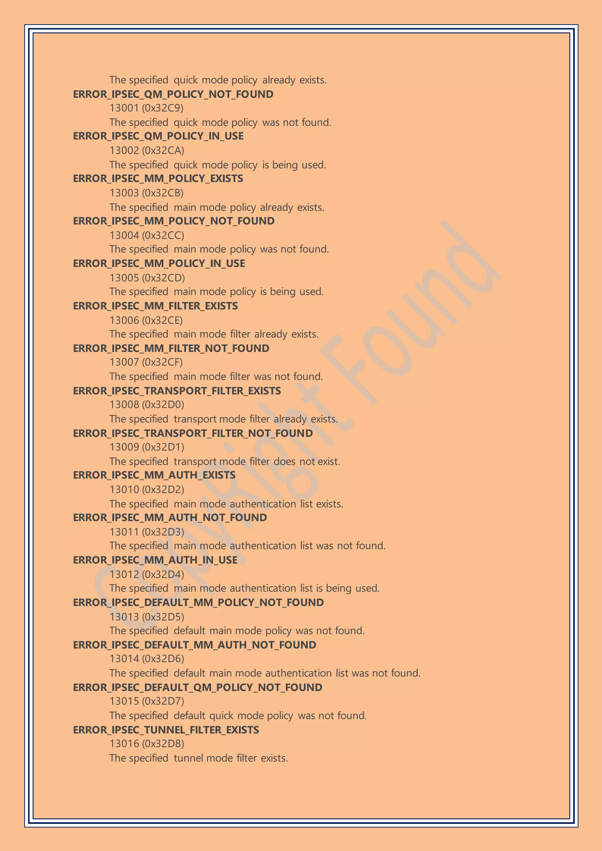 The specified quick mode policy already exists.
ERROR_IPSEC_QM_POLICY_NOT_FOUND
13001 (0x32C9)
The specified quick mode policy was not found.
ERROR_IPSEC_QM_POLICY_IN_USE
13002 (0x32CA)
The specified quick mode policy is being used.
ERROR_IPSEC_MM_POLICY_EXISTS
13003 (0x32CB)
The specified main mode policy already exists.
ERROR_IPSEC_MM_POLICY_NOT_FOUND
13004 (0x32CC)
The specified main mode policy was not found.
ERROR_IPSEC_MM_POLICY_IN_USE
13005 (0x32CD)
The specified main mode policy is being used.
ERROR_IPSEC_MM_FILTER_EXISTS
13006 (0x32CE)
The specified main mode filter already exists.
ERROR_IPSEC_MM_FILTER_NOT_FOUND
13007 (0x32CF)
The specified main mode filter was not found.
ERROR_IPSEC_TRANSPORT_FILTER_EXISTS
13008 (0x32D0)
The specified transport mode filter already exists.
ERROR_IPSEC_TRANSPORT_FILTER_NOT_FOUND
13009 (0x32D1)
The specified transport mode filter does not exist.
ERROR_IPSEC_MM_AUTH_EXISTS
13010 (0x32D2)
The specified main mode authentication list exists.
ERROR_IPSEC_MM_AUTH_NOT_FOUND
13011 (0x32D3)
The specified main mode authentication list was not found.
ERROR_IPSEC_MM_AUTH_IN_USE
13012 (0x32D4)
The specified main mode authentication list is being used.
ERROR_IPSEC_DEFAULT_MM_POLICY_NOT_FOUND
13013 (0x32D5)
The specified default main mode policy was not found.
ERROR_IPSEC_DEFAULT_MM_AUTH_NOT_FOUND
13014 (0x32D6)
The specified default main mode authentication list was not found.
ERROR_IPSEC_DEFAULT_QM_POLICY_NOT_FOUND
13015 (0x32D7)
The specified default quick mode policy was not found.
ERROR_IPSEC_TUNNEL_FILTER_EXISTS
13016 (0x32D8)
The specified tunnel mode filter exists.
 