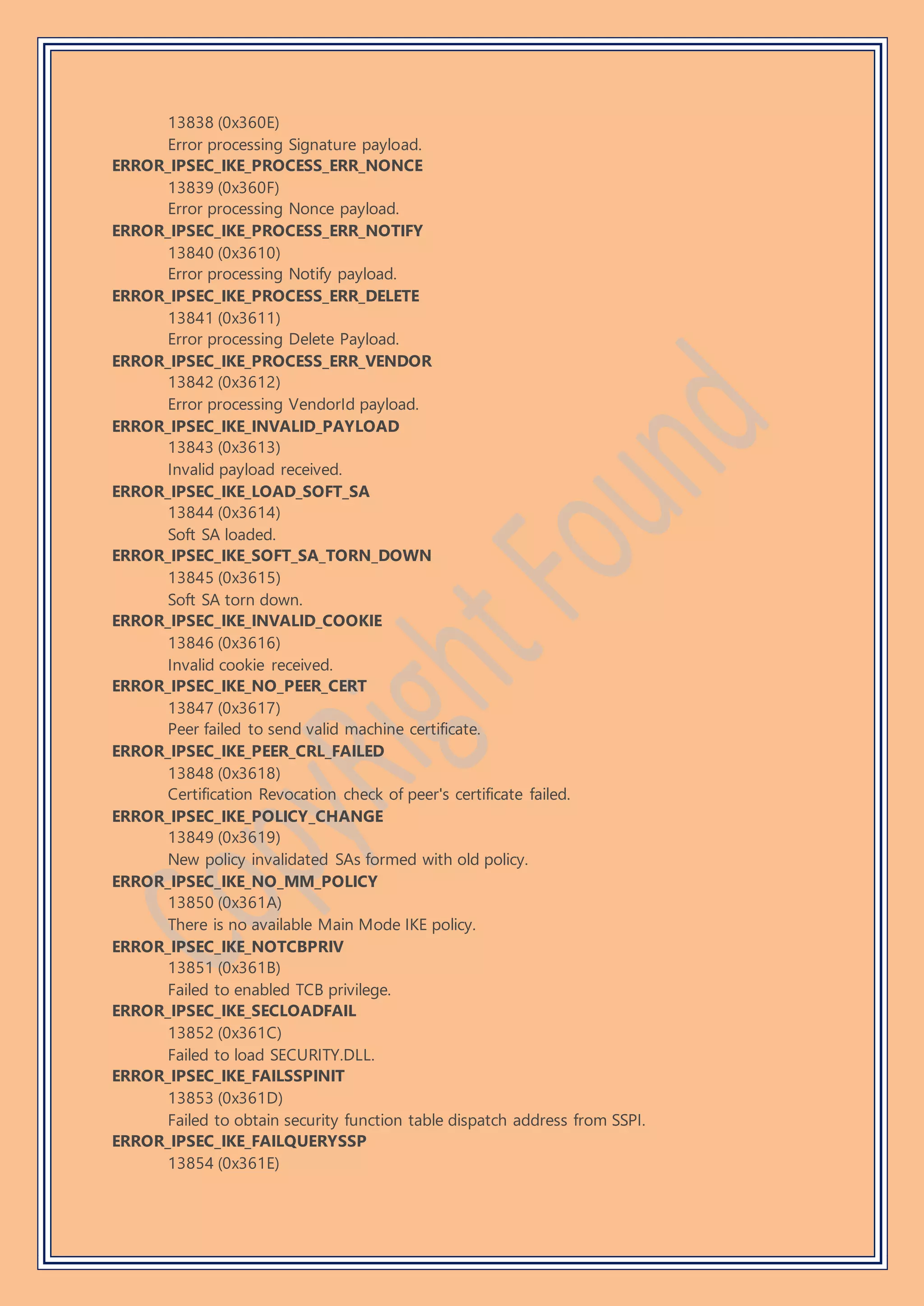 13838 (0x360E)
Error processing Signature payload.
ERROR_IPSEC_IKE_PROCESS_ERR_NONCE
13839 (0x360F)
Error processing Nonce payload.
ERROR_IPSEC_IKE_PROCESS_ERR_NOTIFY
13840 (0x3610)
Error processing Notify payload.
ERROR_IPSEC_IKE_PROCESS_ERR_DELETE
13841 (0x3611)
Error processing Delete Payload.
ERROR_IPSEC_IKE_PROCESS_ERR_VENDOR
13842 (0x3612)
Error processing VendorId payload.
ERROR_IPSEC_IKE_INVALID_PAYLOAD
13843 (0x3613)
Invalid payload received.
ERROR_IPSEC_IKE_LOAD_SOFT_SA
13844 (0x3614)
Soft SA loaded.
ERROR_IPSEC_IKE_SOFT_SA_TORN_DOWN
13845 (0x3615)
Soft SA torn down.
ERROR_IPSEC_IKE_INVALID_COOKIE
13846 (0x3616)
Invalid cookie received.
ERROR_IPSEC_IKE_NO_PEER_CERT
13847 (0x3617)
Peer failed to send valid machine certificate.
ERROR_IPSEC_IKE_PEER_CRL_FAILED
13848 (0x3618)
Certification Revocation check of peer's certificate failed.
ERROR_IPSEC_IKE_POLICY_CHANGE
13849 (0x3619)
New policy invalidated SAs formed with old policy.
ERROR_IPSEC_IKE_NO_MM_POLICY
13850 (0x361A)
There is no available Main Mode IKE policy.
ERROR_IPSEC_IKE_NOTCBPRIV
13851 (0x361B)
Failed to enabled TCB privilege.
ERROR_IPSEC_IKE_SECLOADFAIL
13852 (0x361C)
Failed to load SECURITY.DLL.
ERROR_IPSEC_IKE_FAILSSPINIT
13853 (0x361D)
Failed to obtain security function table dispatch address from SSPI.
ERROR_IPSEC_IKE_FAILQUERYSSP
13854 (0x361E)
 